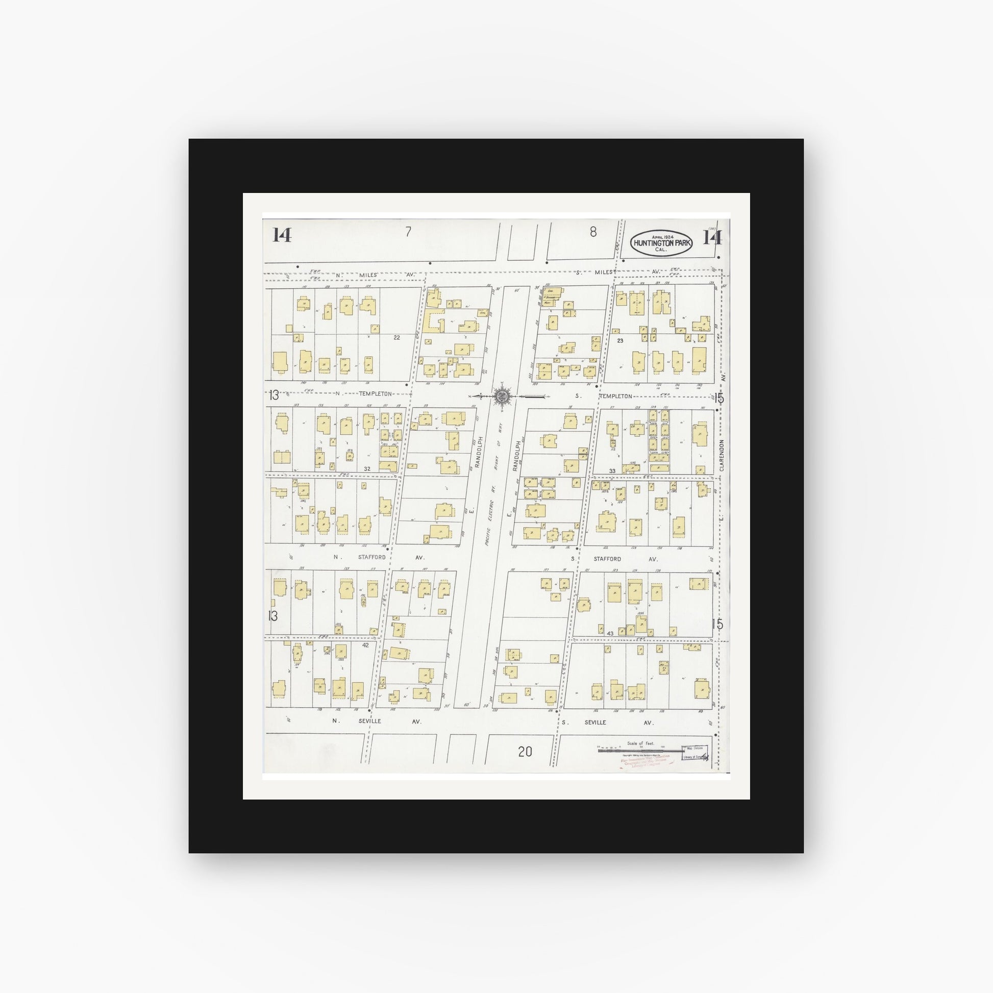Old map wall art mockup — black gallery frame with white mat — Sanborn Fire Insurance Map from Huntington Park, Los Angeles County, California (1924), Sheet #0014