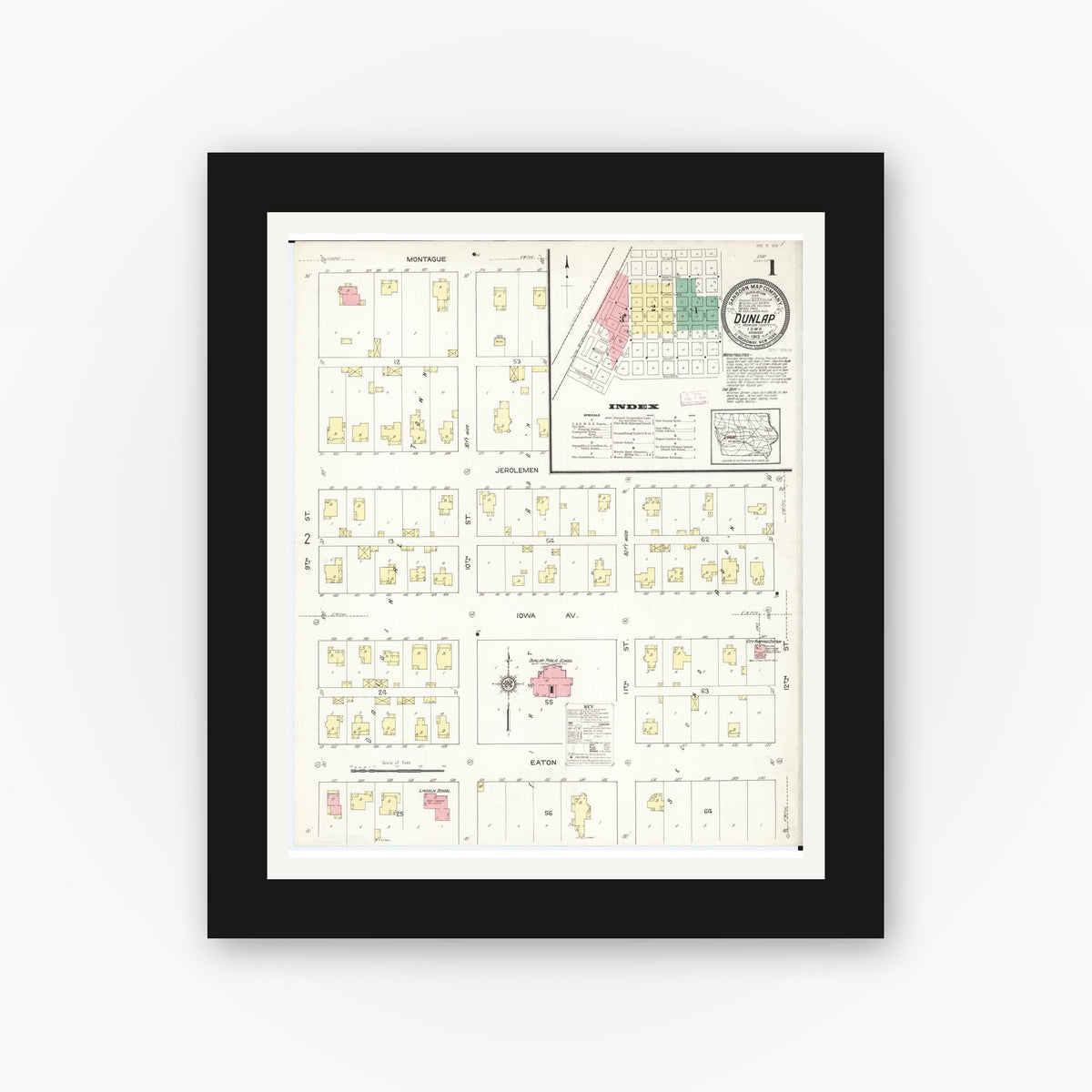 Old map wall art mockup — black gallery frame with white mat — Sanborn Fire Insurance Map from Dunlap, Harrison County, Iowa (1913) â€” Complete Set