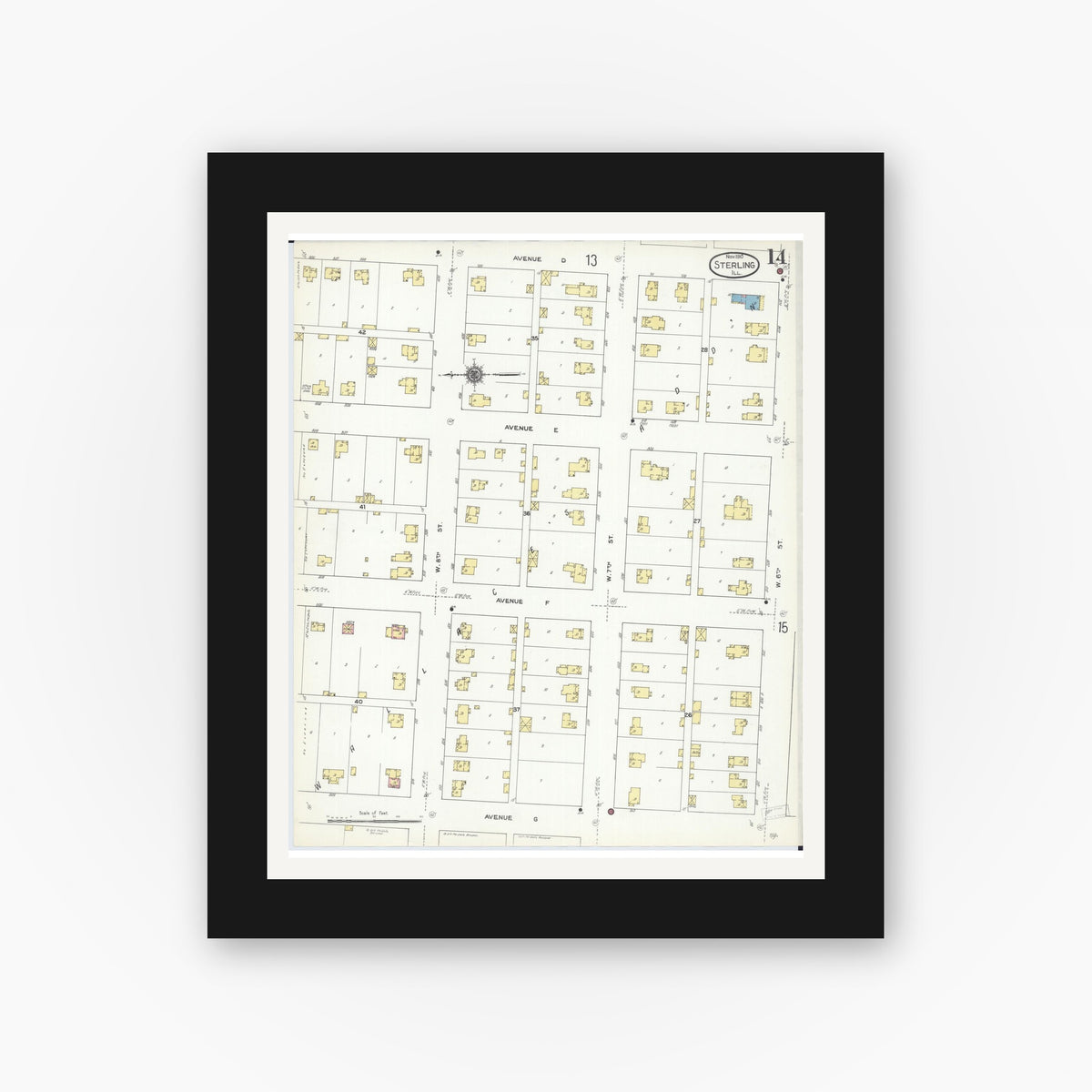 Old map wall art mockup — black gallery frame with white mat — Sanborn Fire Insurance Map from Sterling, Whiteside County, Illinois (1910), Sheet #0014