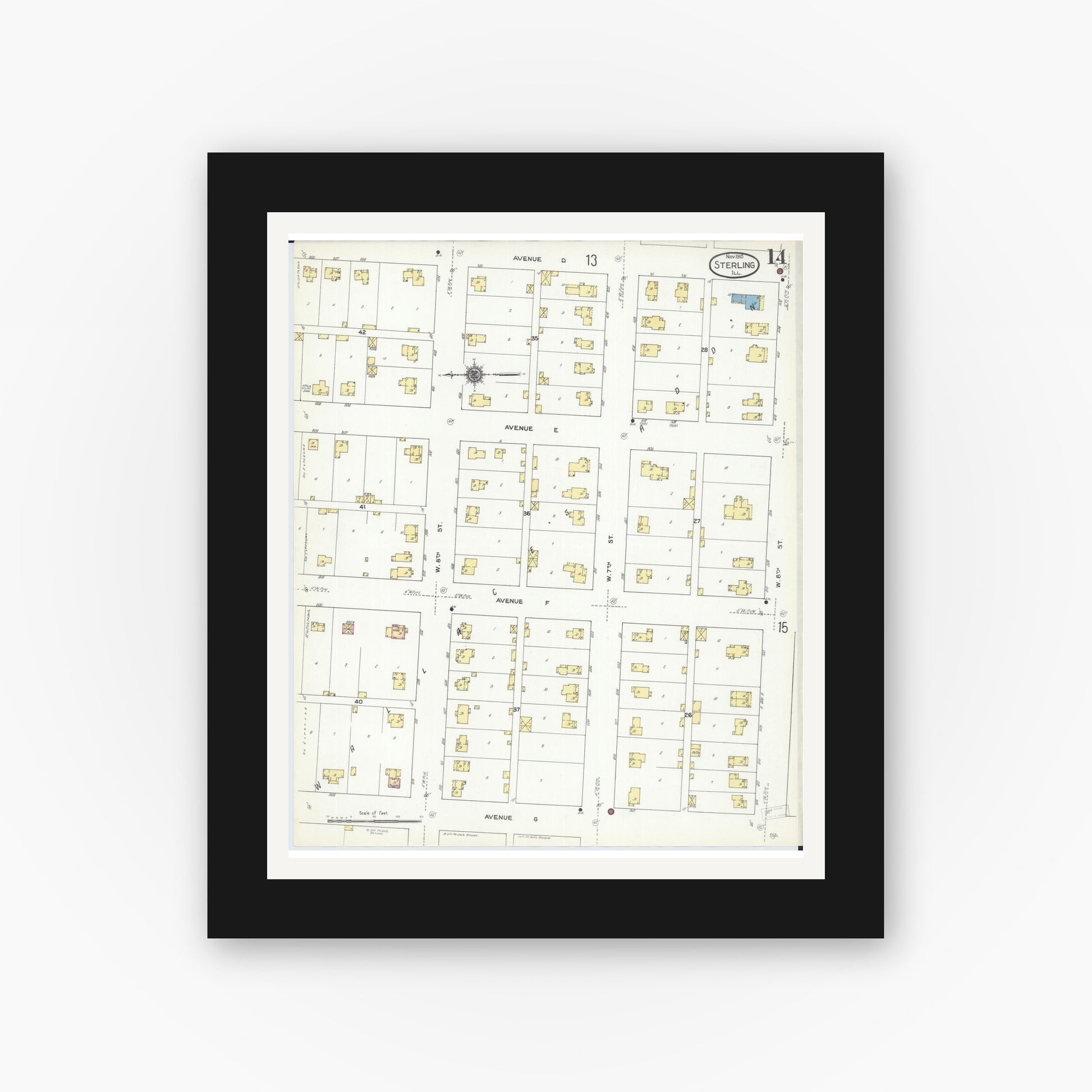 Old map wall art mockup — black gallery frame with white mat — Sanborn Fire Insurance Map from Sterling, Whiteside County, Illinois (1910), Sheet #0014