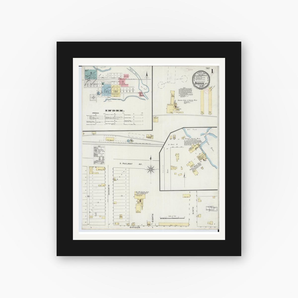 Old map wall art mockup — black gallery frame with white mat — Sanborn Fire Insurance Map from Barron, Barron County, Wisconsin (1894) - Complete Map Set