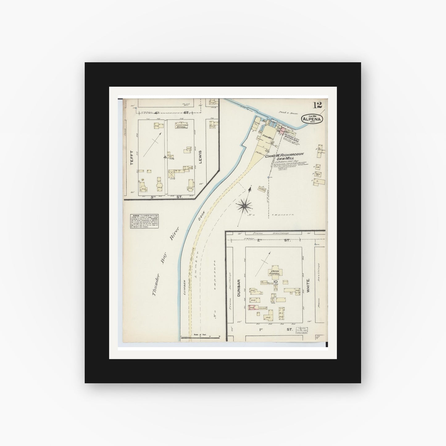 Old map wall art mockup — black gallery frame with white mat — Sanborn Fire Insurance Map from Alpena, Alpena County, Michigan (1884), Sheet #0012