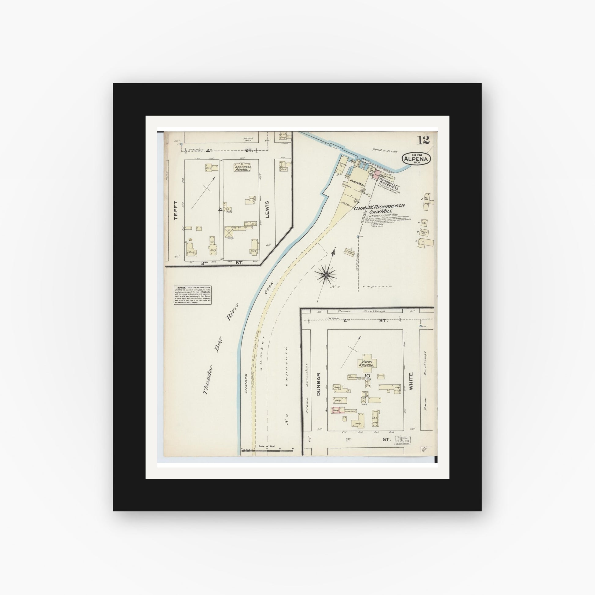 Old map wall art mockup — black gallery frame with white mat — Sanborn Fire Insurance Map from Alpena, Alpena County, Michigan (1884), Sheet #0012