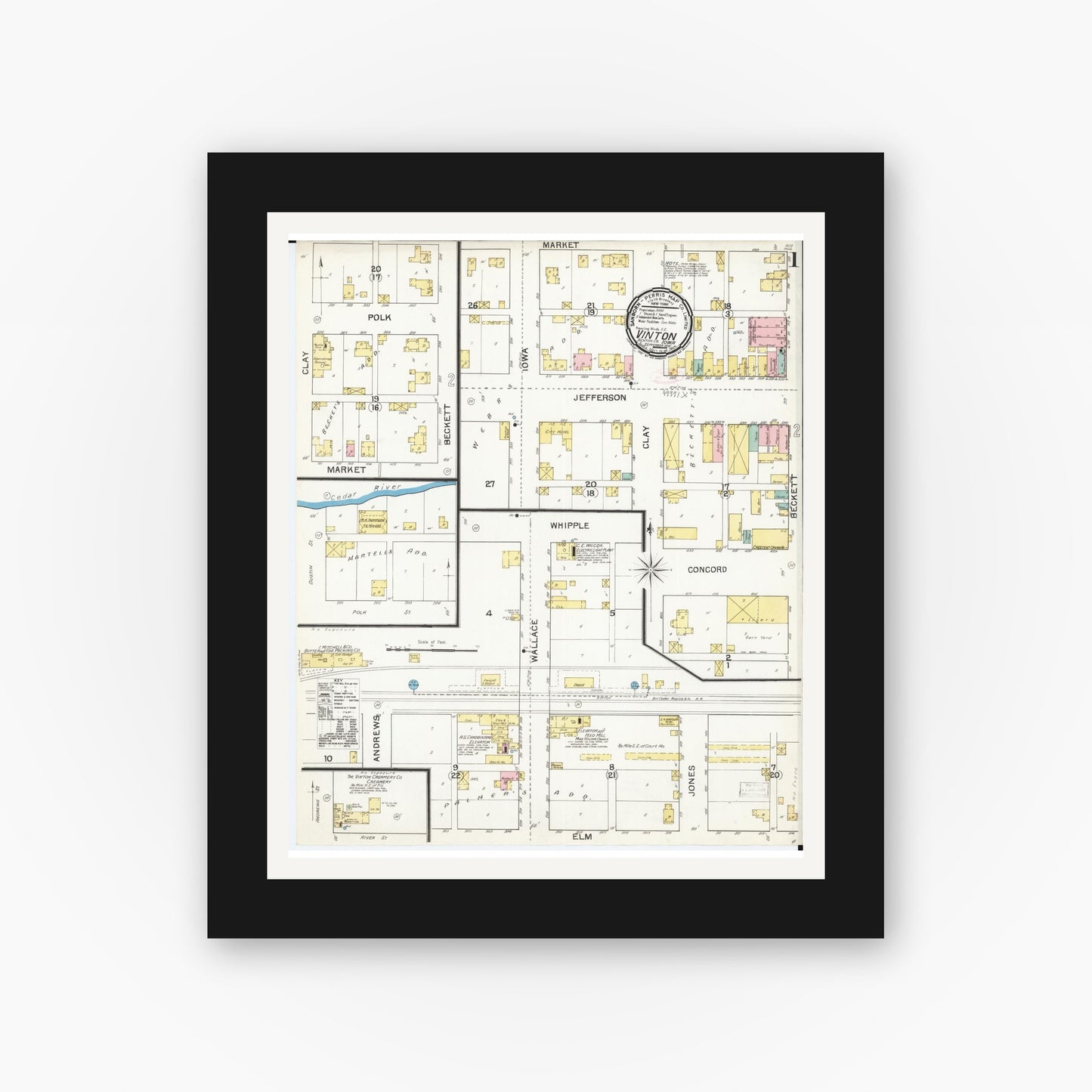 Old map wall art mockup — black gallery frame with white mat — Sanborn Fire Insurance Map from Vinton, Benton County, Iowa (1892), Sheet #0001
