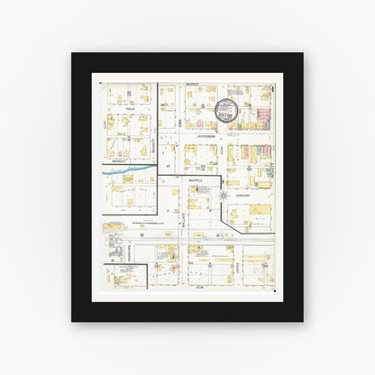 Old map wall art mockup — black gallery frame with white mat — Sanborn Fire Insurance Map from Vinton, Benton County, Iowa (1892), Sheet #0001