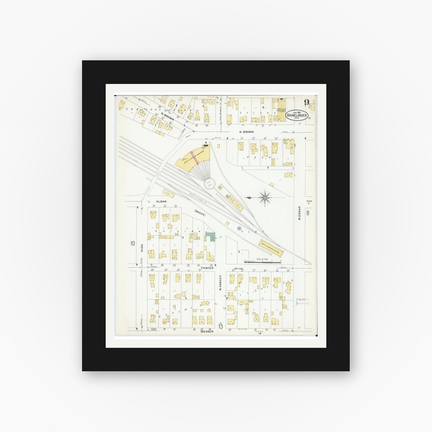 Old map wall art mockup — black gallery frame with white mat — Sanborn Fire Insurance Map from Rhinelander, Oneida County, Wisconsin (1908), Sheet #0009