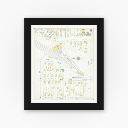 Old map wall art mockup — black gallery frame with white mat — Sanborn Fire Insurance Map from Rhinelander, Oneida County, Wisconsin (1908), Sheet #0009
