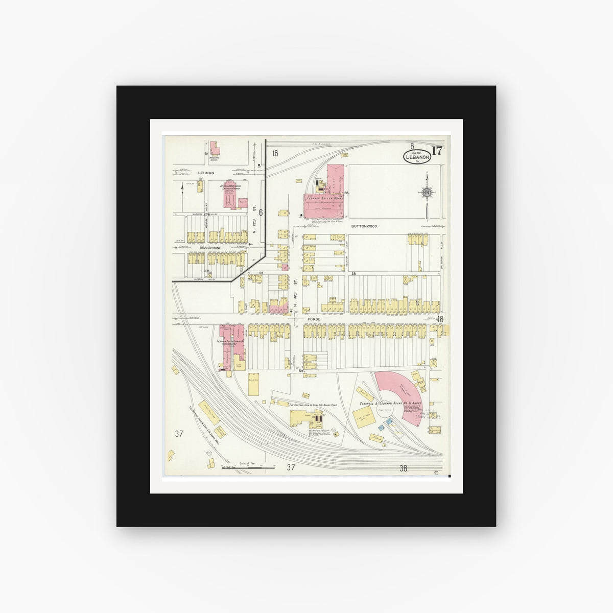 Old map wall art mockup — black gallery frame with white mat — Sanborn Fire Insurance Map from Lebanon, Lebanon County, Pennsylvania (1912), Sheet #0017