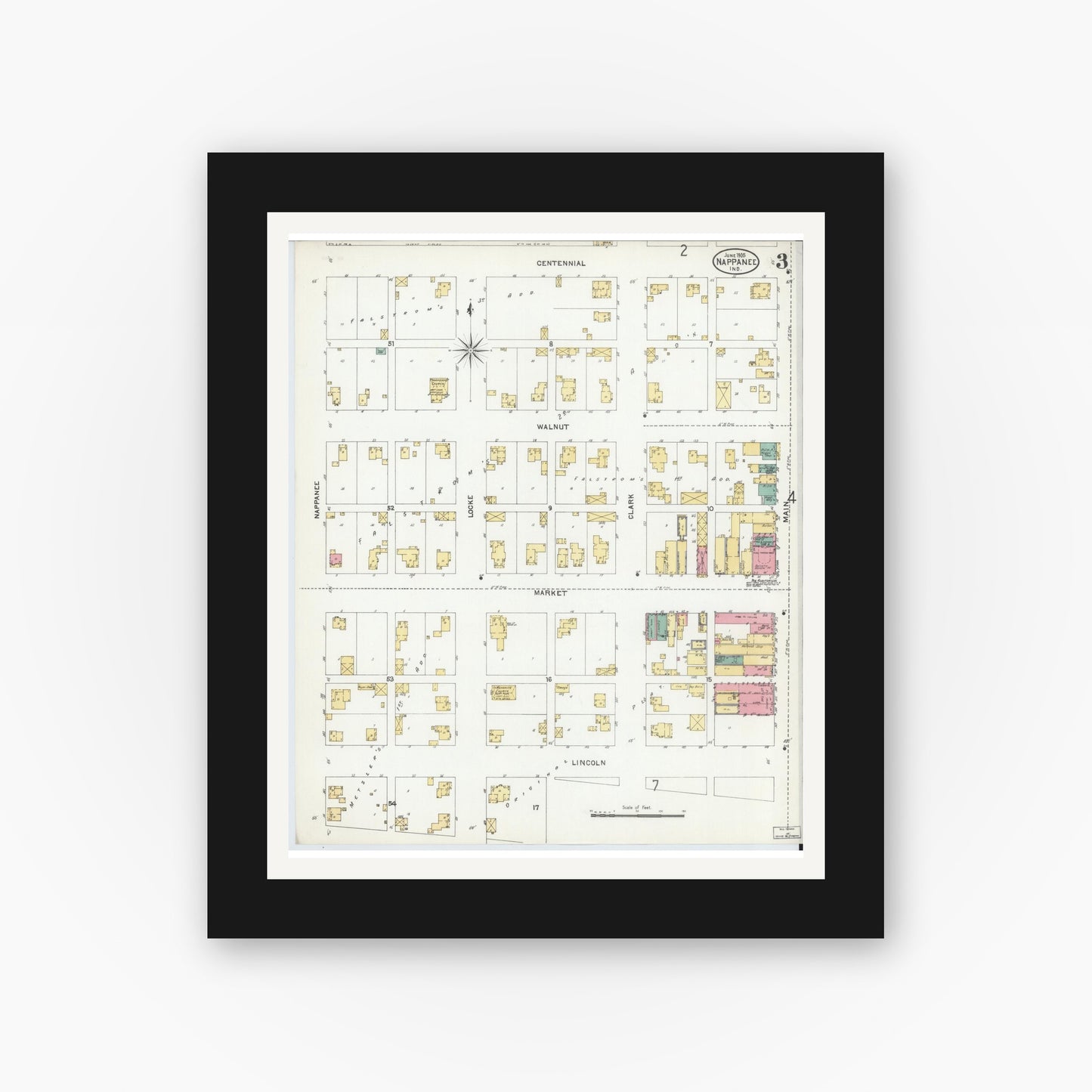 Old map wall art mockup — black gallery frame with white mat — Sanborn Fire Insurance Map from Nappanee, Elkhart County, Indiana (1905), Sheet #0003