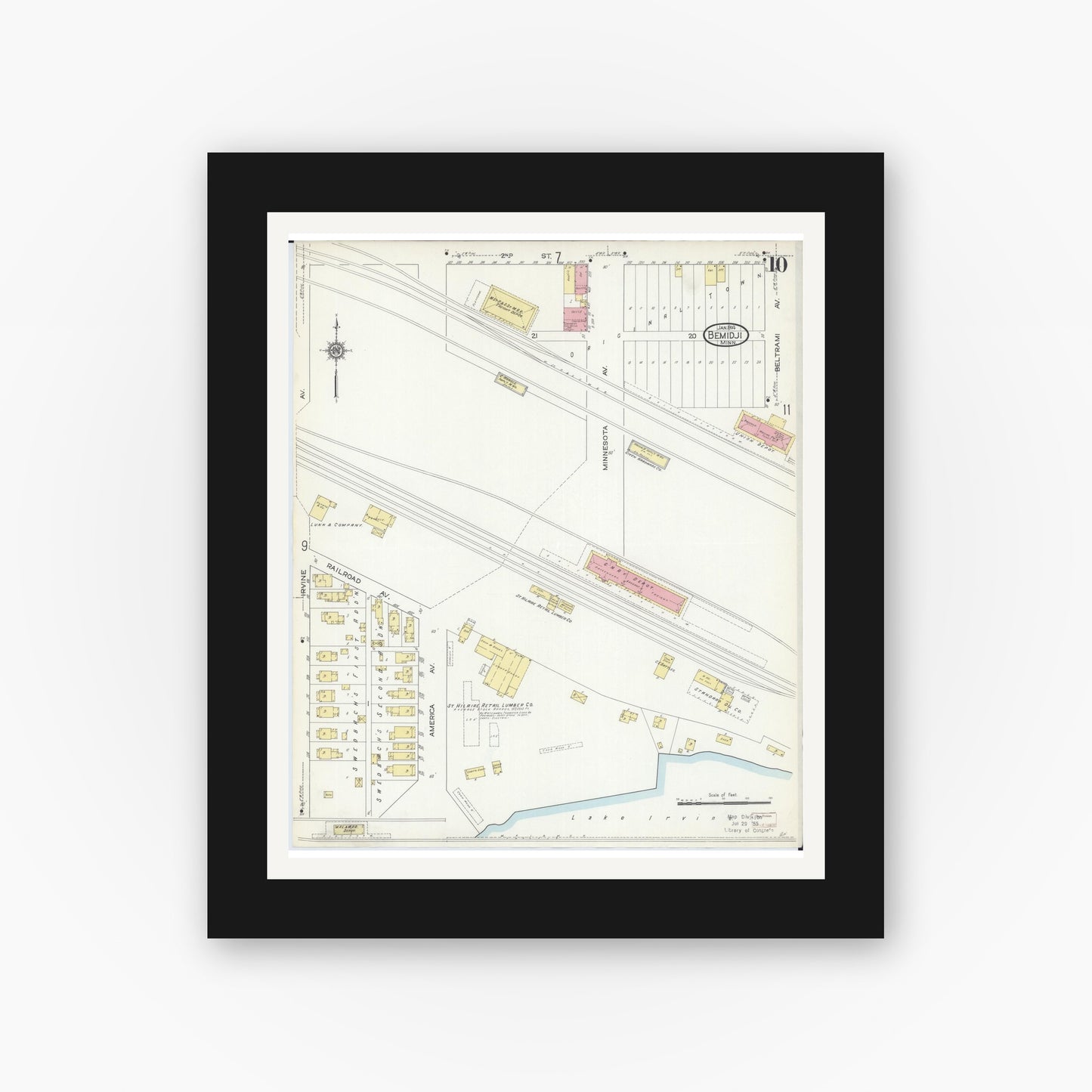 Old map wall art mockup — black gallery frame with white mat — Sanborn Fire Insurance Map from Bemidji, Beltrami County, Minnesota (1914), Sheet #0010