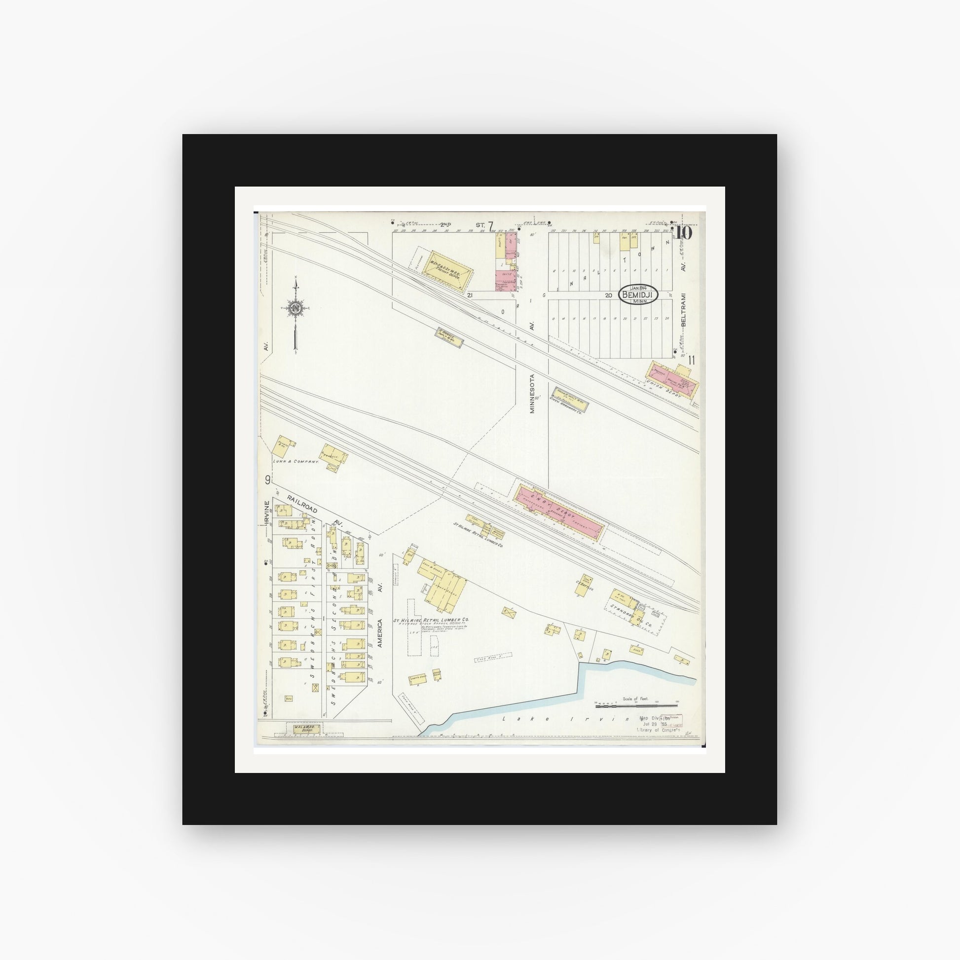 Old map wall art mockup — black gallery frame with white mat — Sanborn Fire Insurance Map from Bemidji, Beltrami County, Minnesota (1914), Sheet #0010