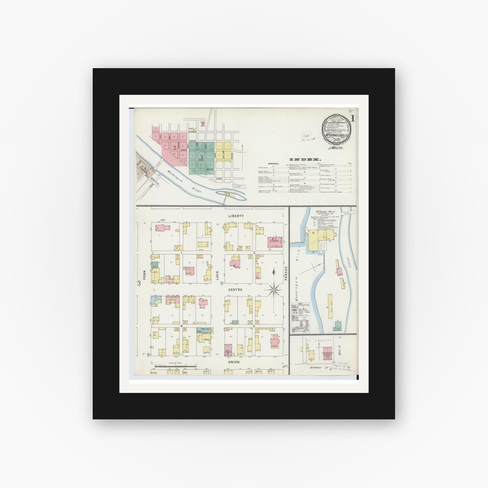 Old map wall art mockup — black gallery frame with white mat — Sanborn Fire Insurance Map from McConnelsville, Morgan County, Ohio (1896), Sheet #0001