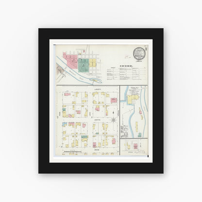 Old map wall art mockup — black gallery frame with white mat — Sanborn Fire Insurance Map from McConnelsville, Morgan County, Ohio (1896), Sheet #0001