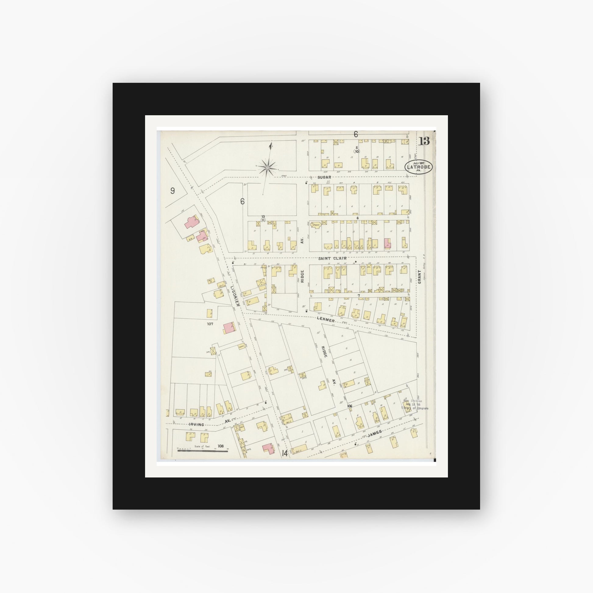 Old map wall art mockup — black gallery frame with white mat — Sanborn Fire Insurance Map from Latrobe, Westmoreland County, Pennsylvania (1897), Sheet #0013