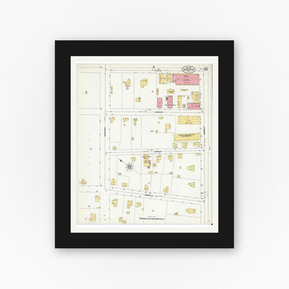 Old map wall art mockup — black gallery frame with white mat — Sanborn Fire Insurance Map from Henderson, Vance County, North Carolina (1907), Sheet #0006