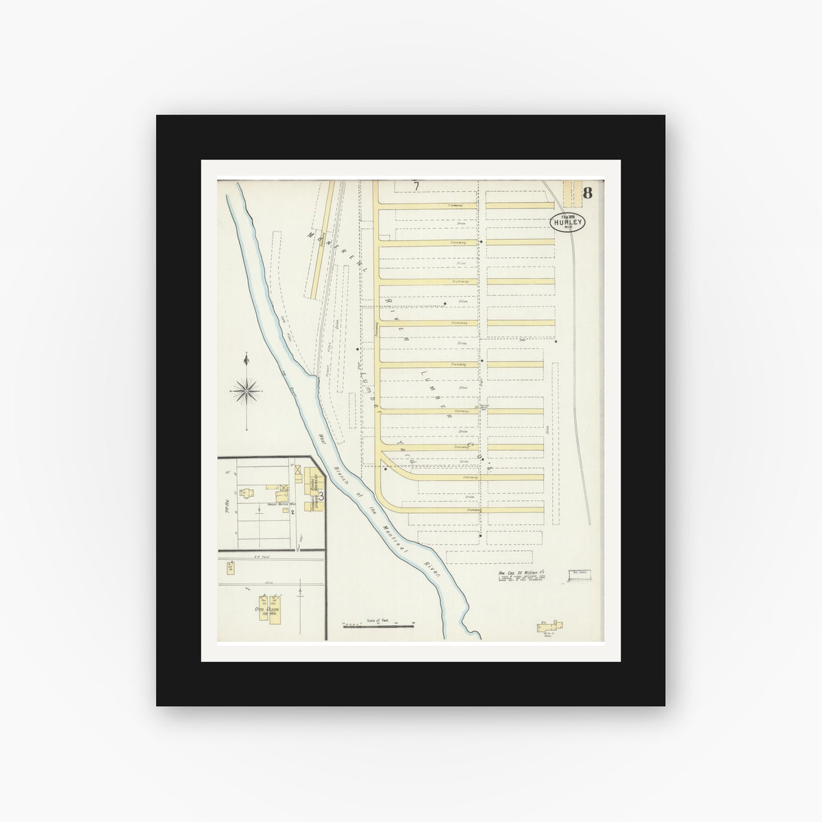 Old map wall art mockup — black gallery frame with white mat — Sanborn Fire Insurance Map from Hurley, Iron County, Wisconsin (1898), Sheet #0008