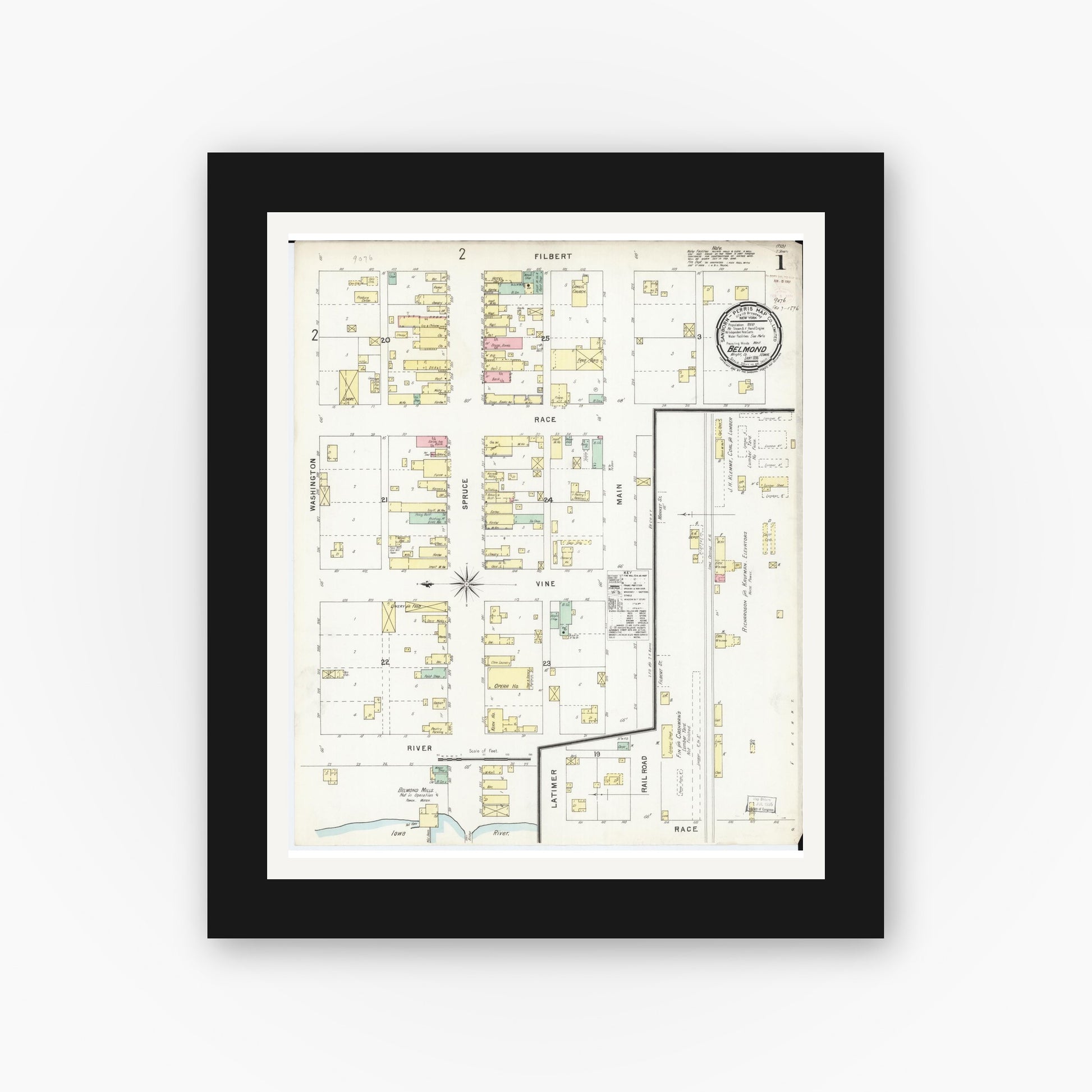 Old map wall art mockup — black gallery frame with white mat — Sanborn Fire Insurance Map from Belmond, Wright County, Iowa (1896) â€” Complete Set
