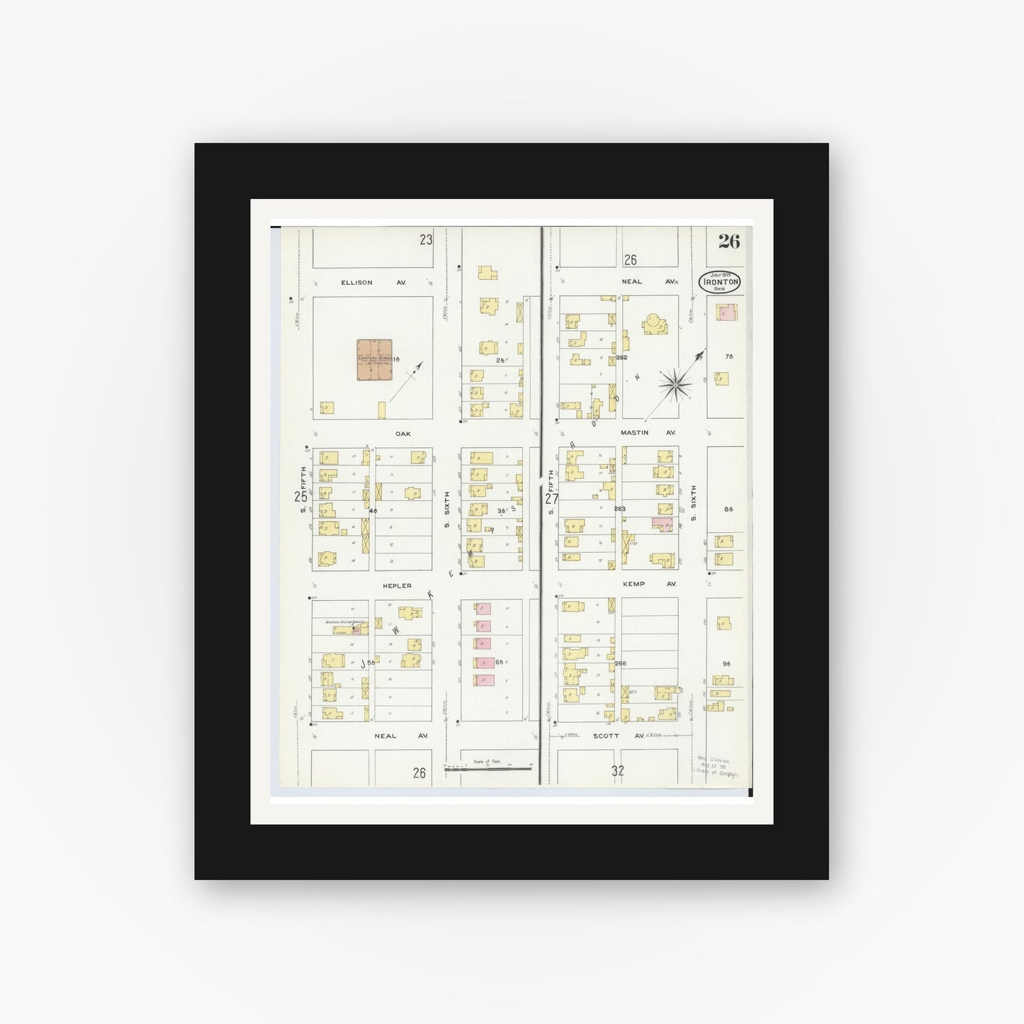 Old map wall art mockup — black gallery frame with white mat — Sanborn Fire Insurance Map from Ironton, Lawrence County, Ohio (1909), Sheet #0026