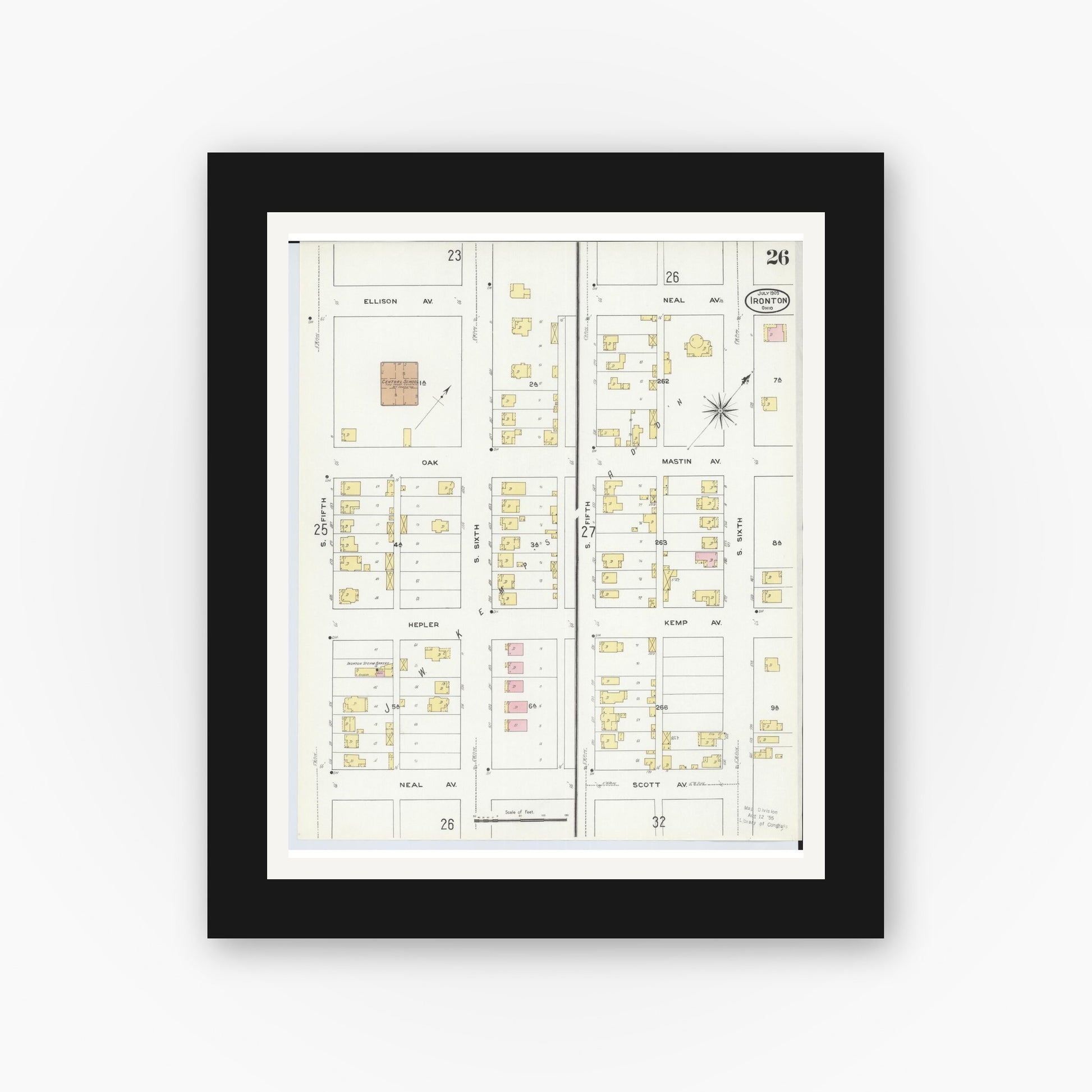 Old map wall art mockup — black gallery frame with white mat — Sanborn Fire Insurance Map from Ironton, Lawrence County, Ohio (1909), Sheet #0026