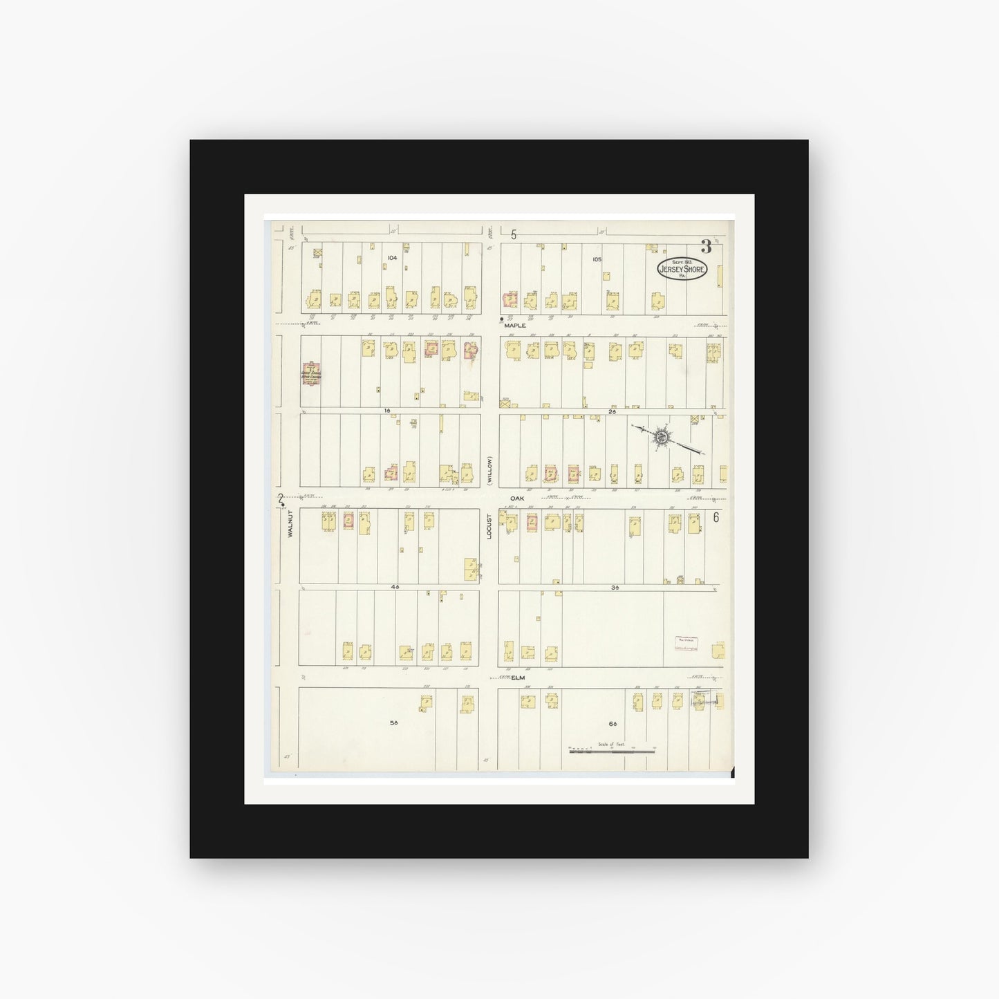 Old map wall art mockup — black gallery frame with white mat — Sanborn Fire Insurance Map from Jersey Shore, Lycoming County, Pennsylvania (1913), Sheet #0003