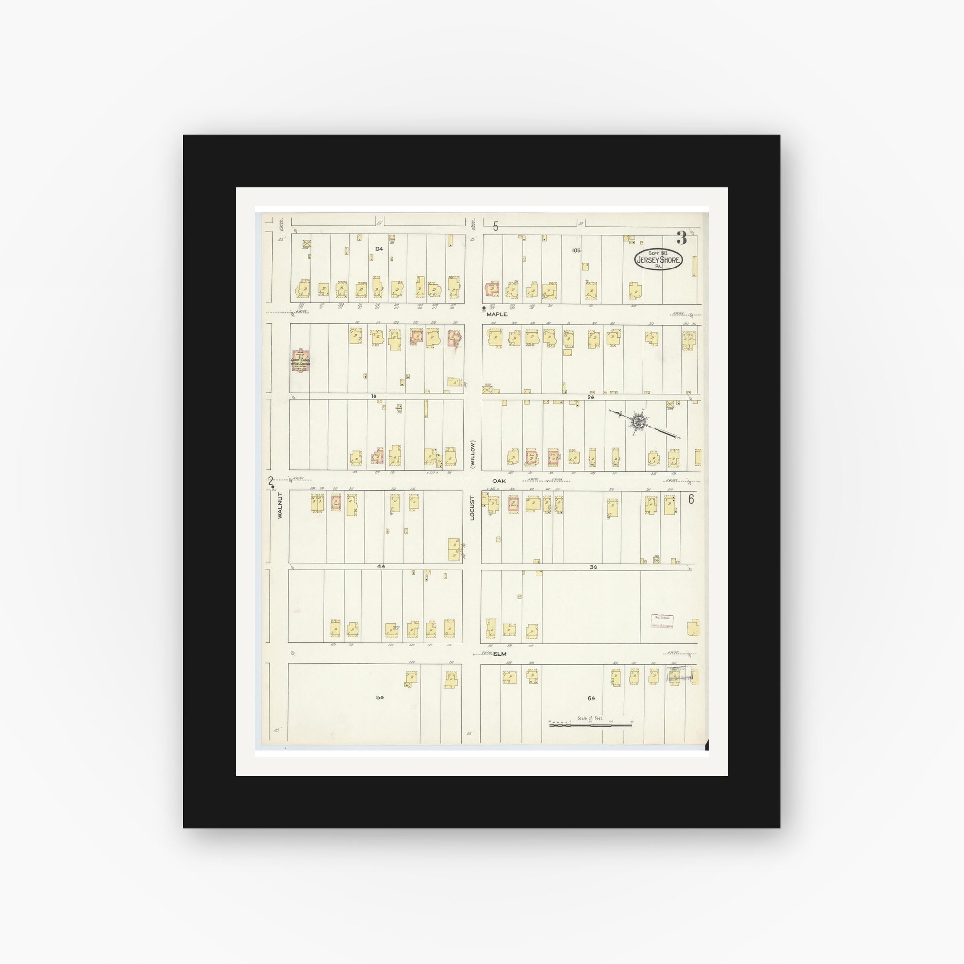 Old map wall art mockup — black gallery frame with white mat — Sanborn Fire Insurance Map from Jersey Shore, Lycoming County, Pennsylvania (1913), Sheet #0003