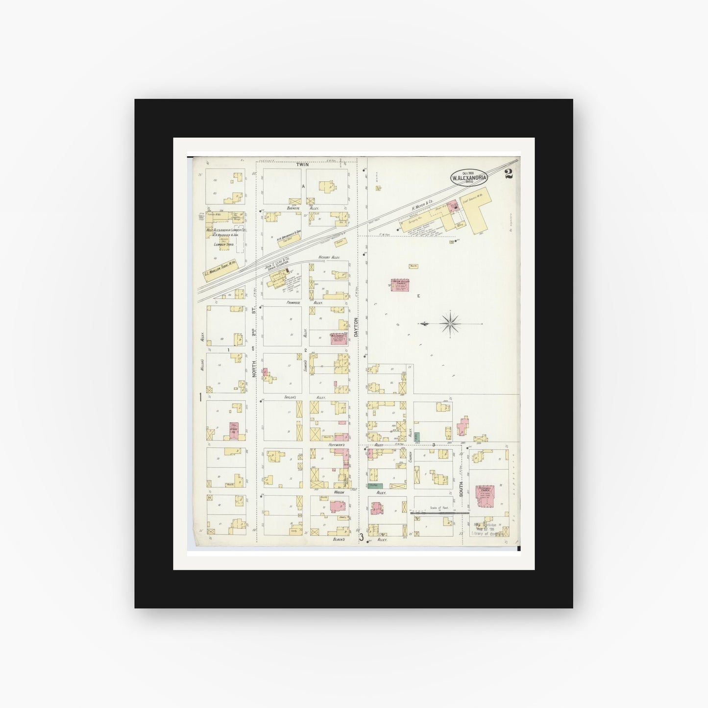Old map wall art mockup — black gallery frame with white mat — Sanborn Fire Insurance Map from West Alexandria, Preble County, Ohio (1901), Sheet #0002
