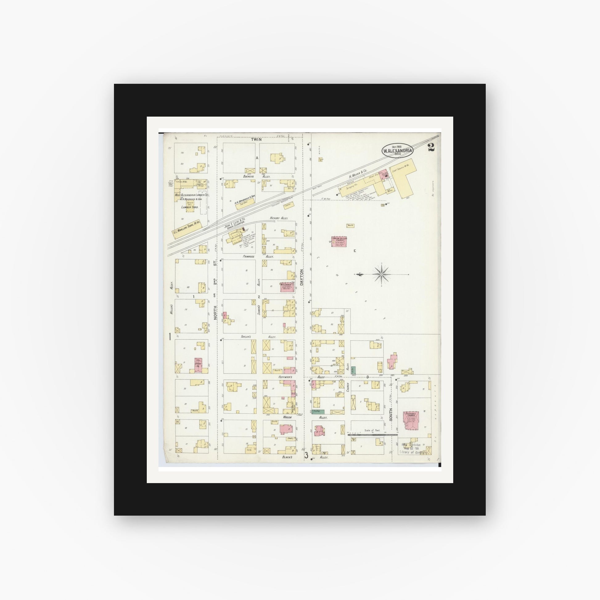 Old map wall art mockup — black gallery frame with white mat — Sanborn Fire Insurance Map from West Alexandria, Preble County, Ohio (1901), Sheet #0002