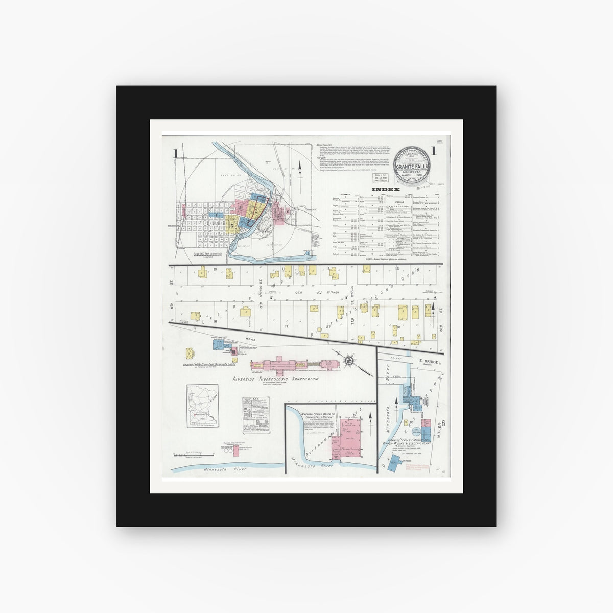 Old map wall art mockup — black gallery frame with white mat — Sanborn Fire Insurance Map from Granite Falls, Yellow Medicine And Chippewa Counties, Minnesota (1930) - Complete Map Set