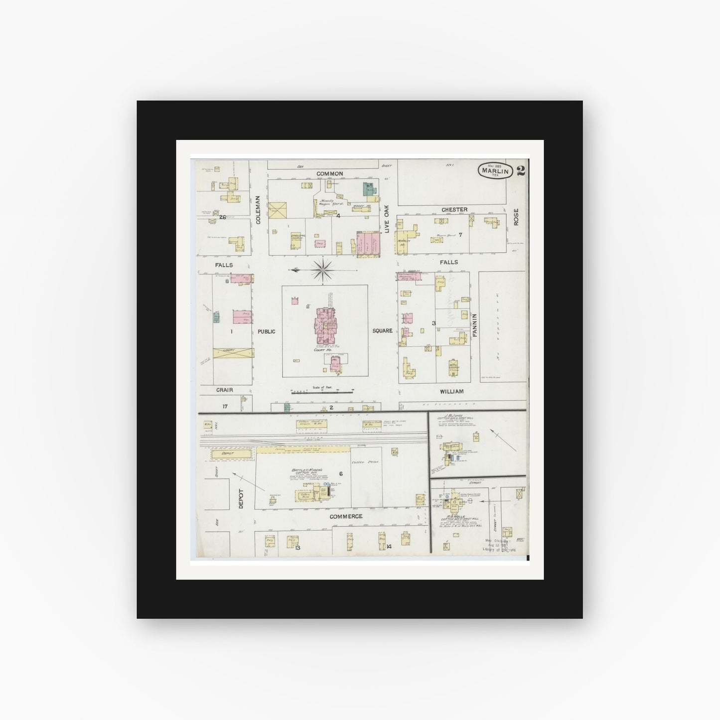 Old map wall art mockup — black gallery frame with white mat — Sanborn Fire Insurance Map from Marlin, Falls County, Texas (1889), Sheet #0002