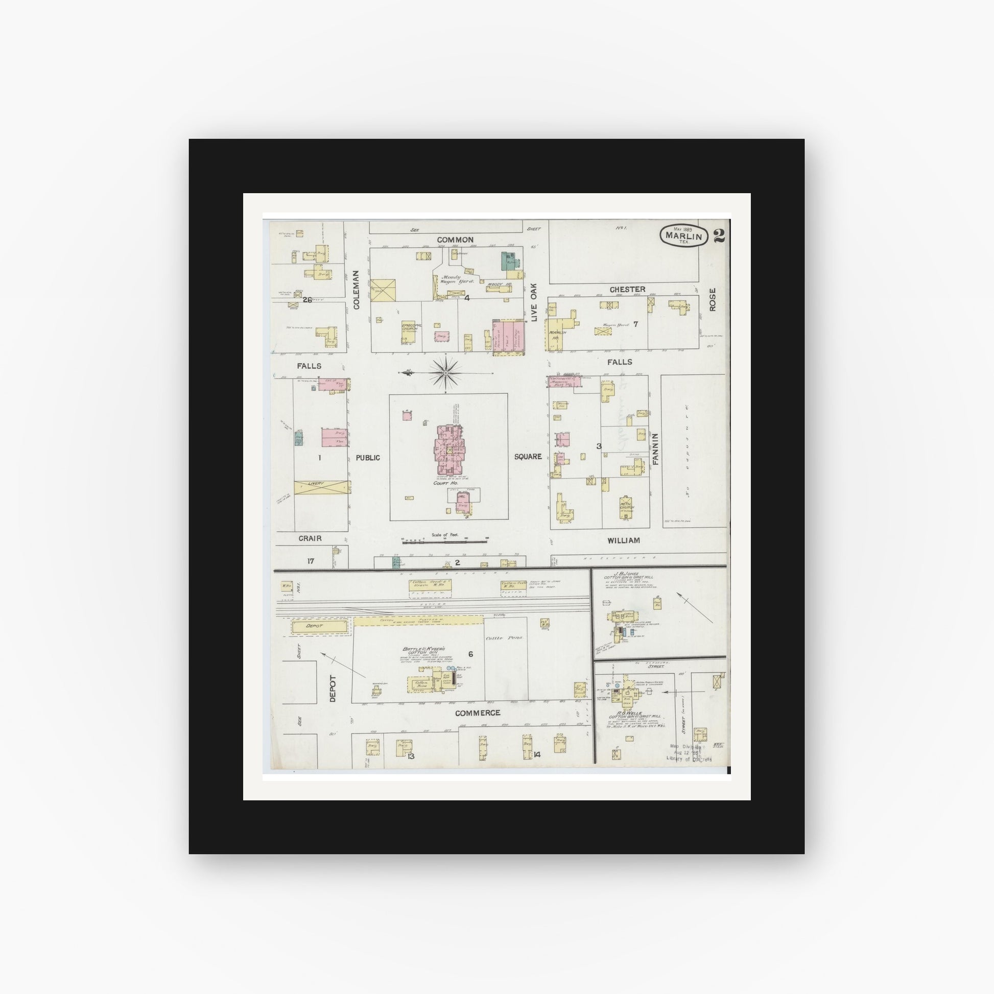 Old map wall art mockup — black gallery frame with white mat — Sanborn Fire Insurance Map from Marlin, Falls County, Texas (1889), Sheet #0002
