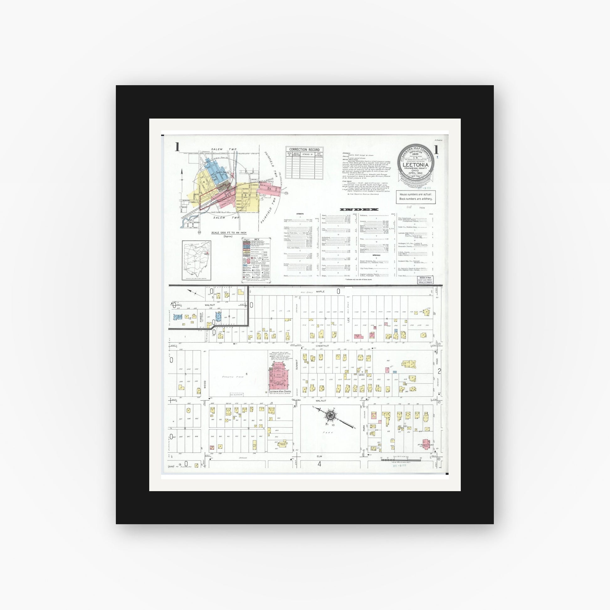 Old map wall art mockup — black gallery frame with white mat — Sanborn Fire Insurance Map from Leetonia, Columbiana County, Ohio (1950) - Complete Map Set
