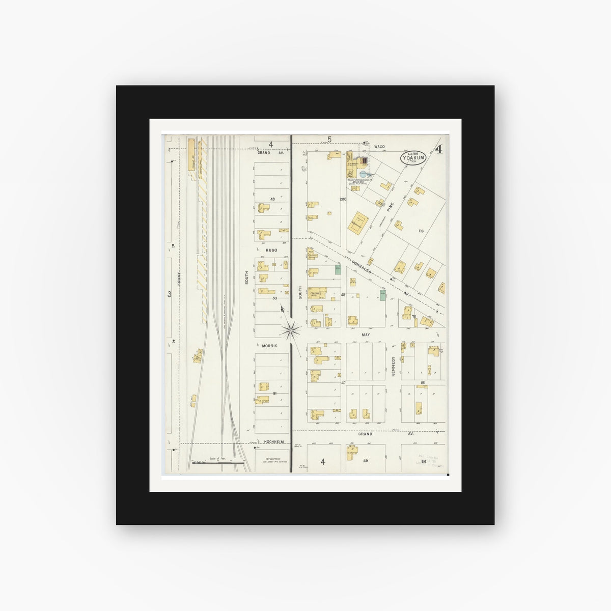 Old map wall art mockup — black gallery frame with white mat — Sanborn Fire Insurance Map from Yoakum, De Witt And Lavaca Counties, Texas (1898), Sheet #0004