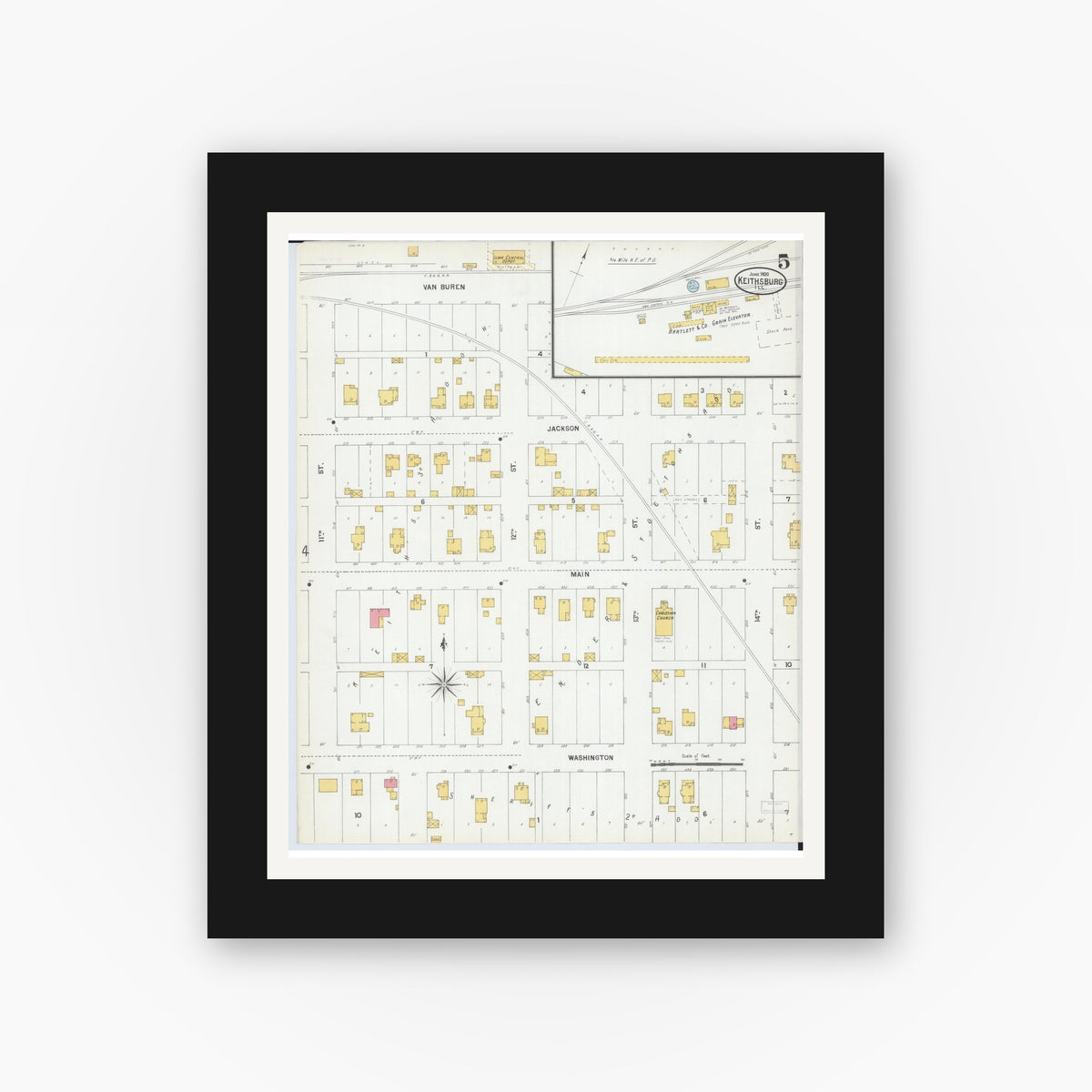 Old map wall art mockup — black gallery frame with white mat — Sanborn Fire Insurance Map from Keithsburg, Mercer County, Illinois (1900), Sheet #0005