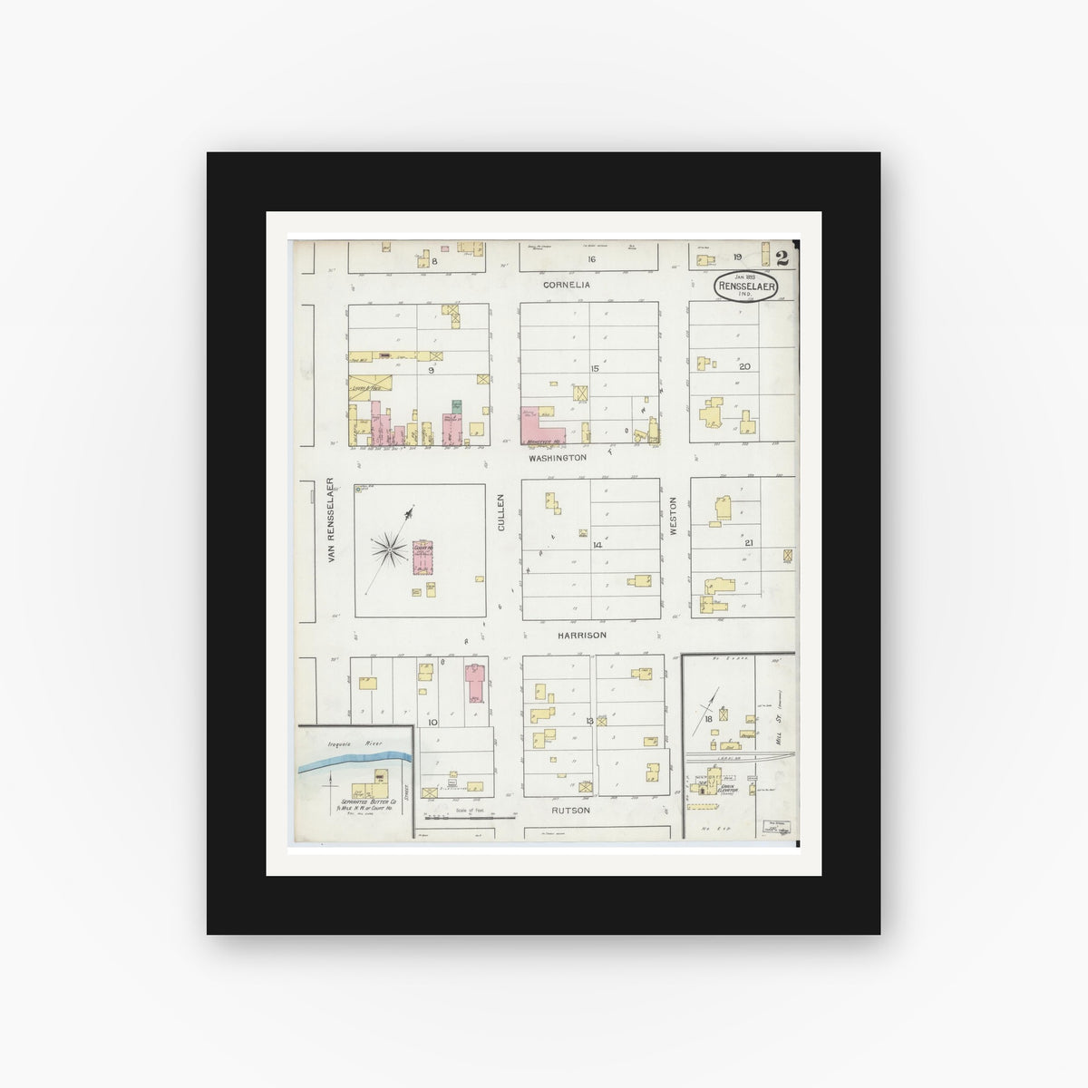 Old map wall art mockup — black gallery frame with white mat — Sanborn Fire Insurance Map from Rensselaer, Jasper County, Indiana (1893), Sheet #0002