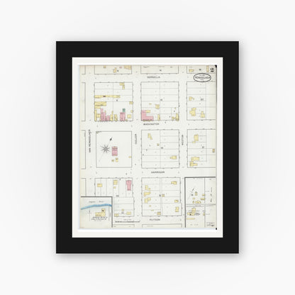 Old map wall art mockup — black gallery frame with white mat — Sanborn Fire Insurance Map from Rensselaer, Jasper County, Indiana (1893), Sheet #0002