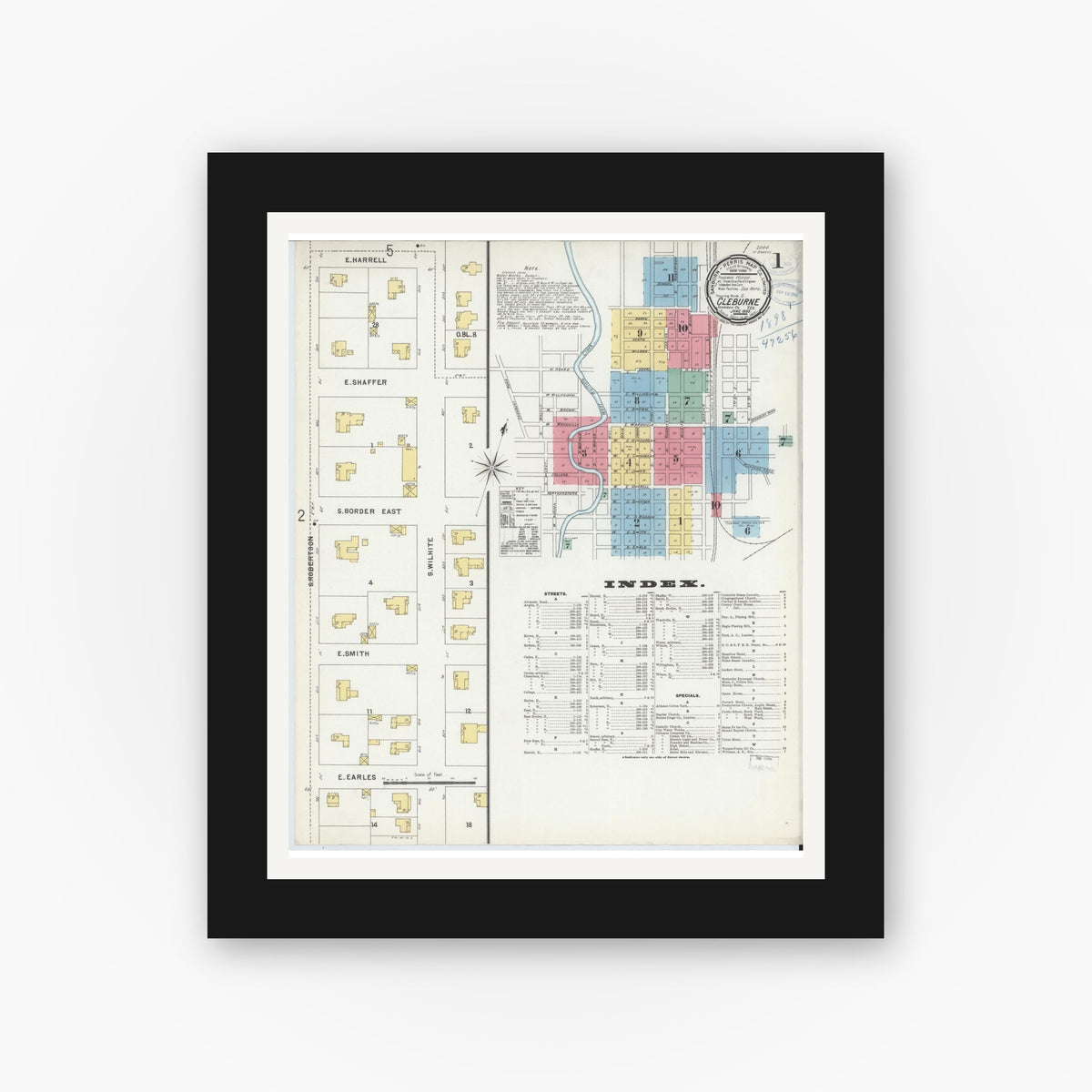 Old map wall art mockup — black gallery frame with white mat — Sanborn Fire Insurance Map from Cleburne, Johnson County, Texas (1898) - Complete Map Set