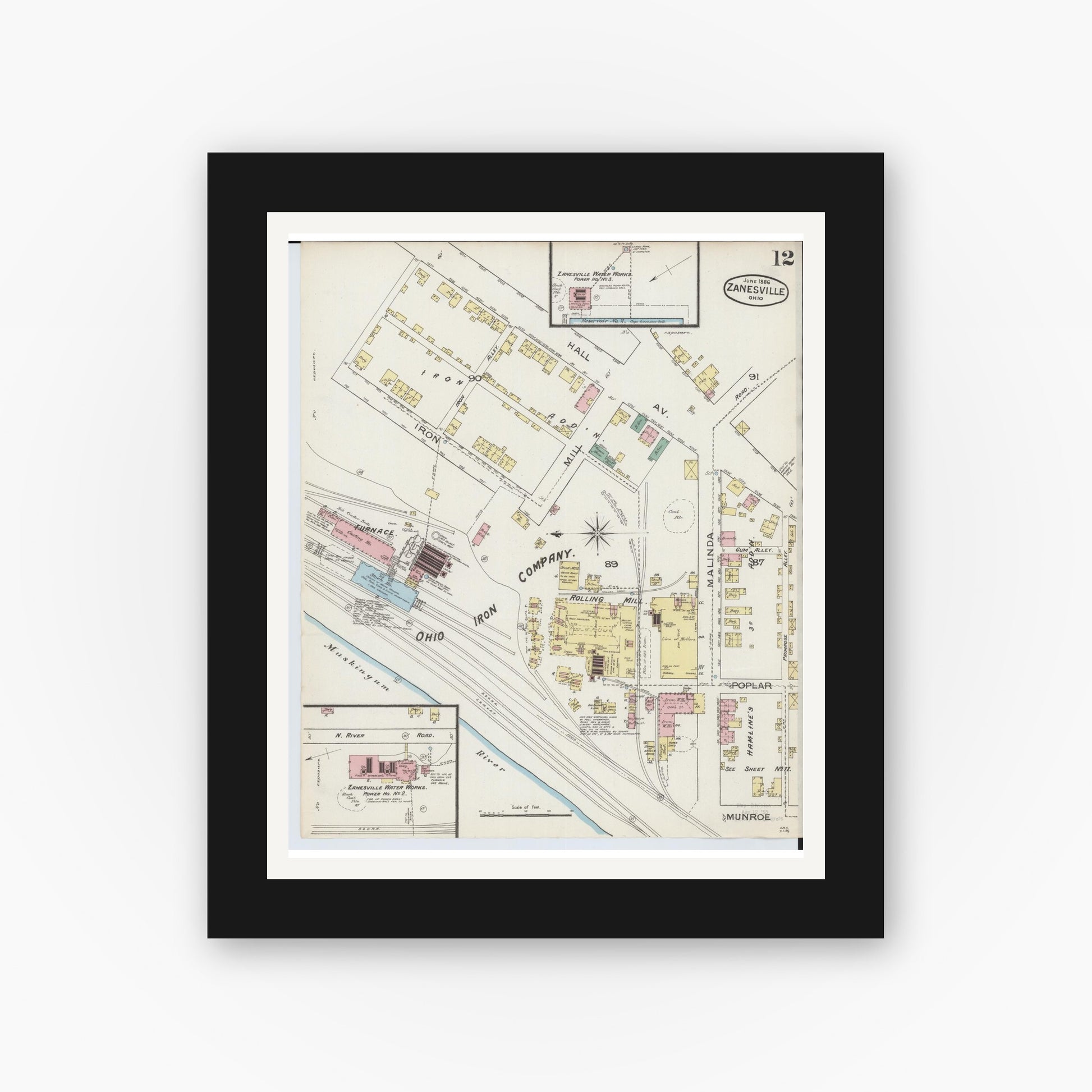 Old map wall art mockup — black gallery frame with white mat — Sanborn Fire Insurance Map from Zanesville, Muskingum County, Ohio (1886), Sheet #0012