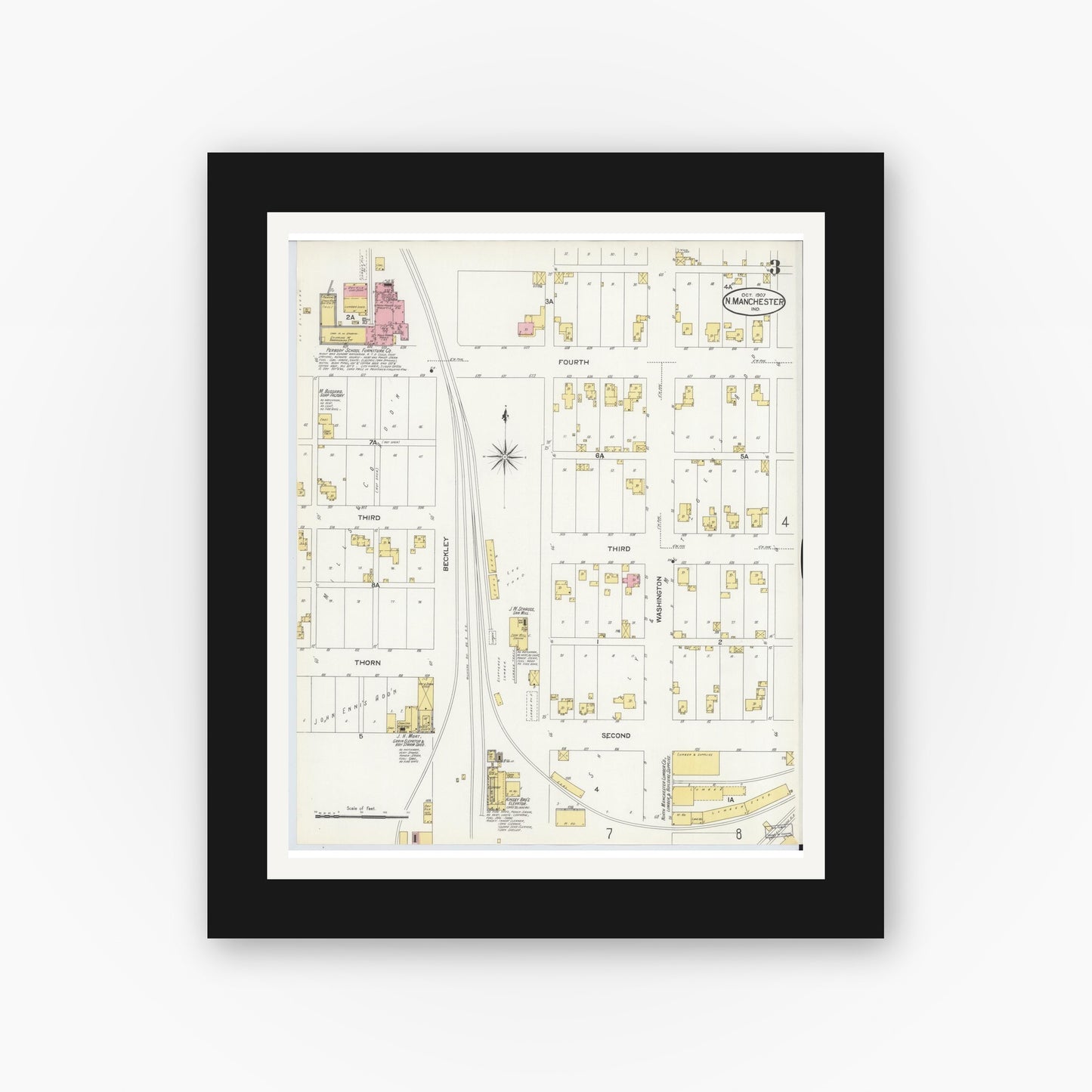 Old map wall art mockup — black gallery frame with white mat — Sanborn Fire Insurance Map from North Manchester, Wabash County, Indiana (1907), Sheet #0003