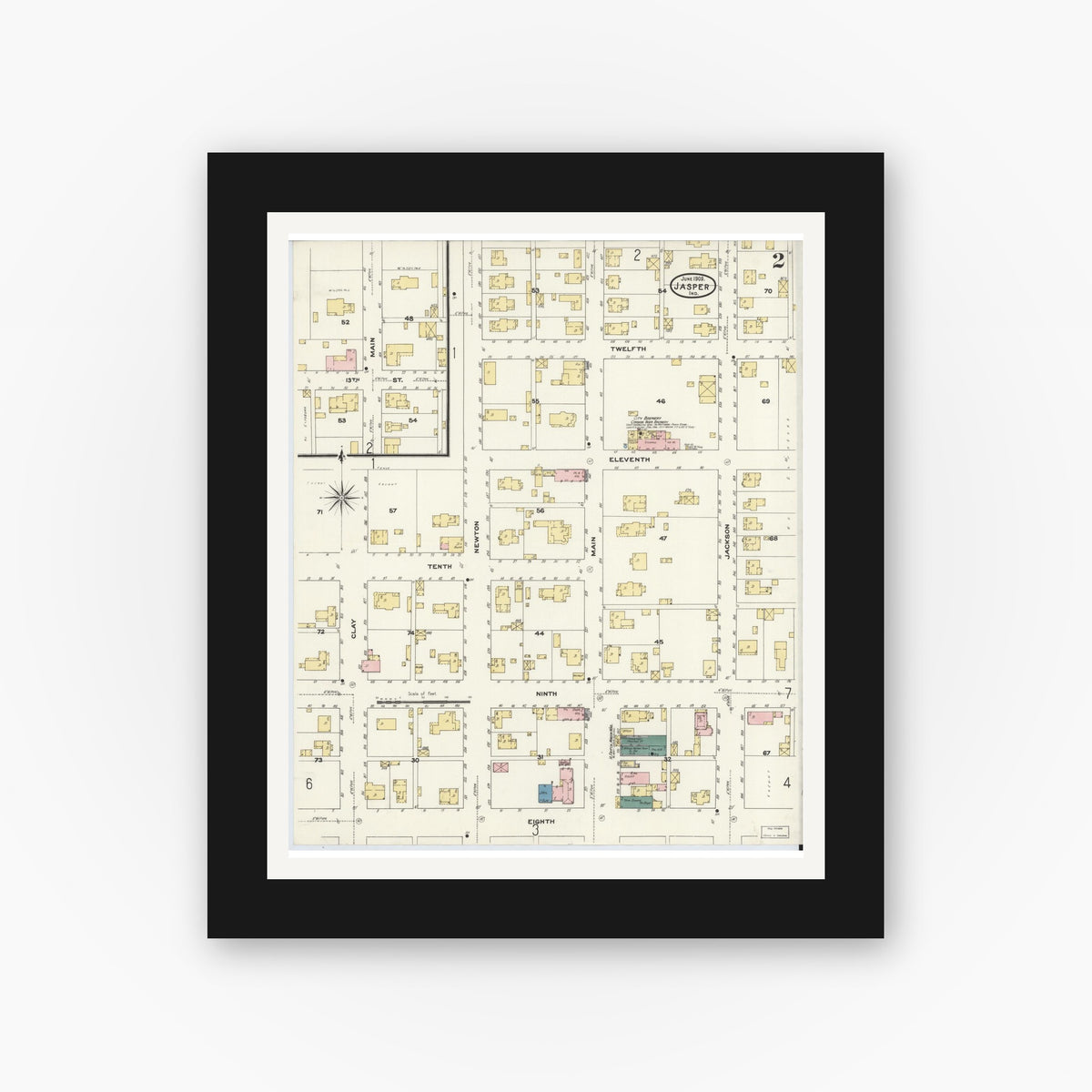 Old map wall art mockup — black gallery frame with white mat — Sanborn Fire Insurance Map from Jasper, Dubois County, Indiana (1909), Sheet #0002