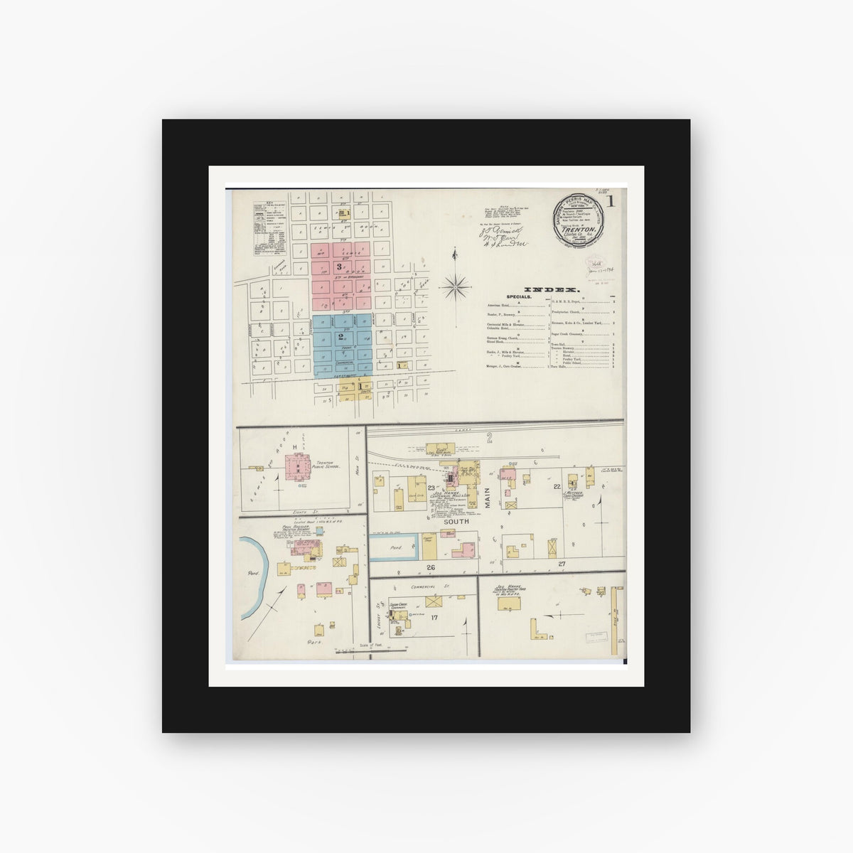 Old map wall art mockup — black gallery frame with white mat — Sanborn Fire Insurance Map from Trenton, Clinton County, Illinois (1893) - Complete Map Set