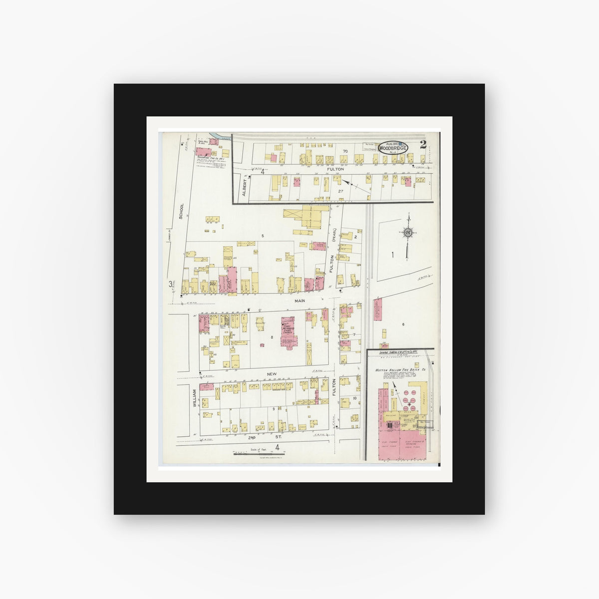 Old map wall art mockup — black gallery frame with white mat — Sanborn Fire Insurance Map from Woodbridge, Middlesex County, New Jersey (1916), Sheet #0002