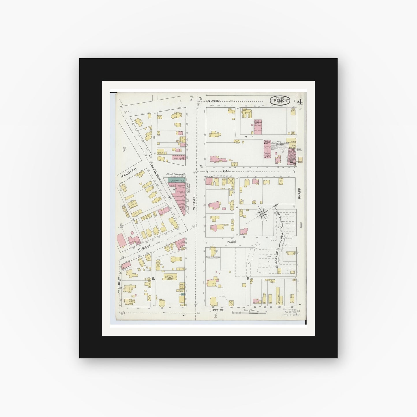 Old map wall art mockup — black gallery frame with white mat — Sanborn Fire Insurance Map from Fremont, Sandusky County, Ohio (1893), Sheet #0004