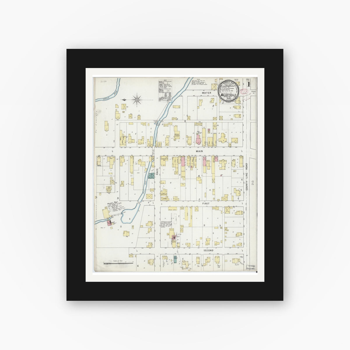 Old map wall art mockup — black gallery frame with white mat — Sanborn Fire Insurance Map from Wolcottville, Noble And LaGrange Counties, Indiana (1895), Sheet #0001