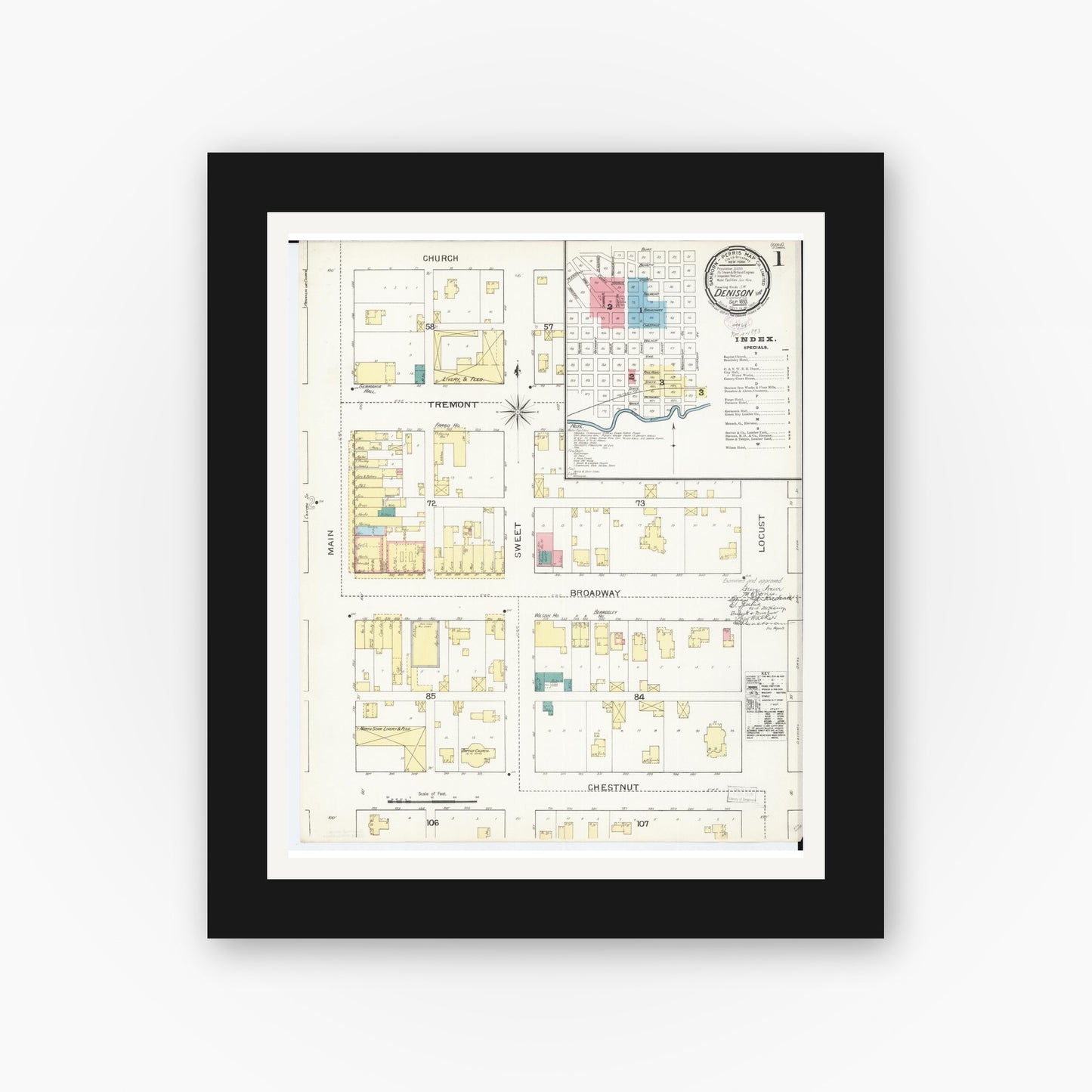 Old map wall art mockup — black gallery frame with white mat — Sanborn Fire Insurance Map from Denison, Crawford County, Iowa (1893), Sheet #0001