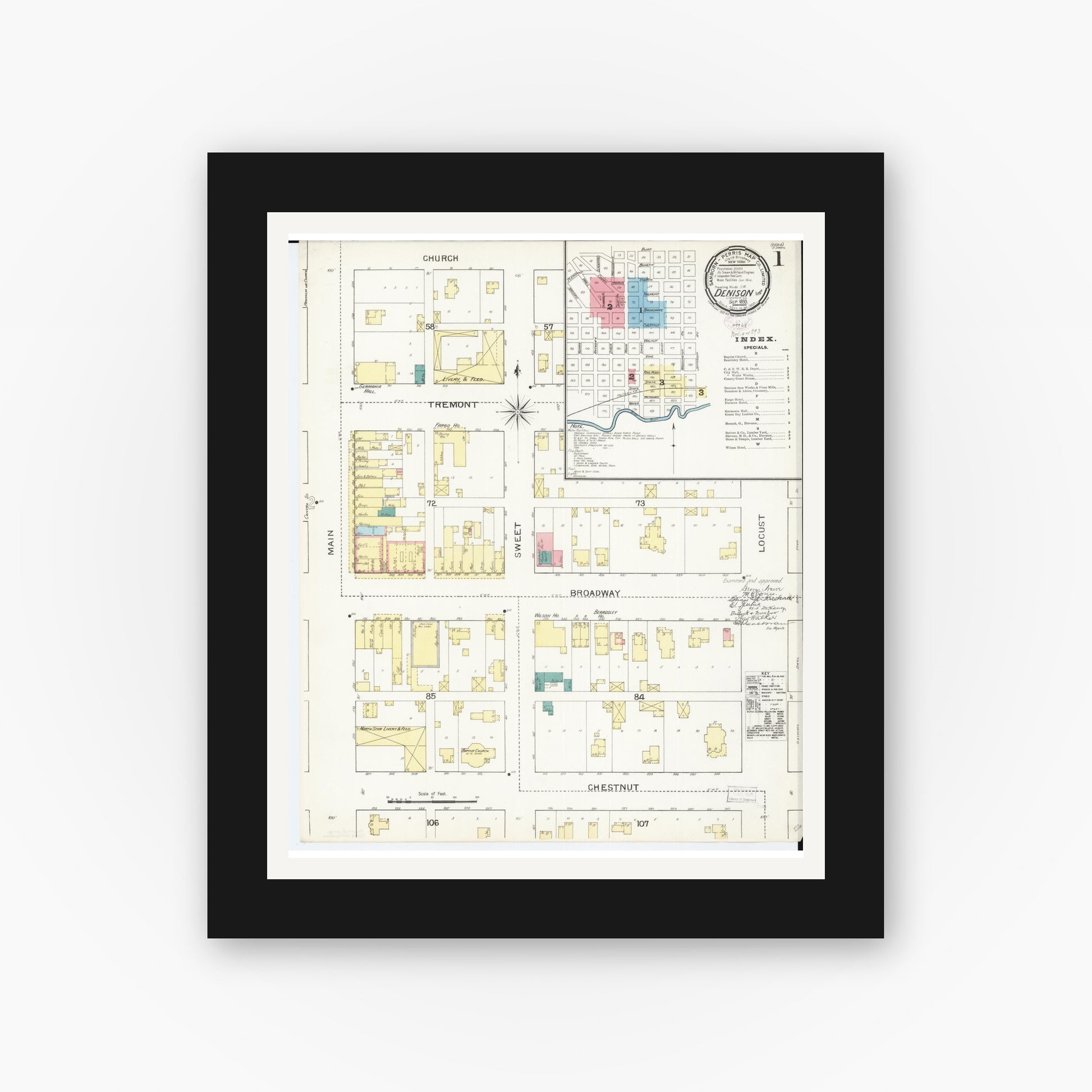 Old map wall art mockup — black gallery frame with white mat — Sanborn Fire Insurance Map from Denison, Crawford County, Iowa (1893), Sheet #0001