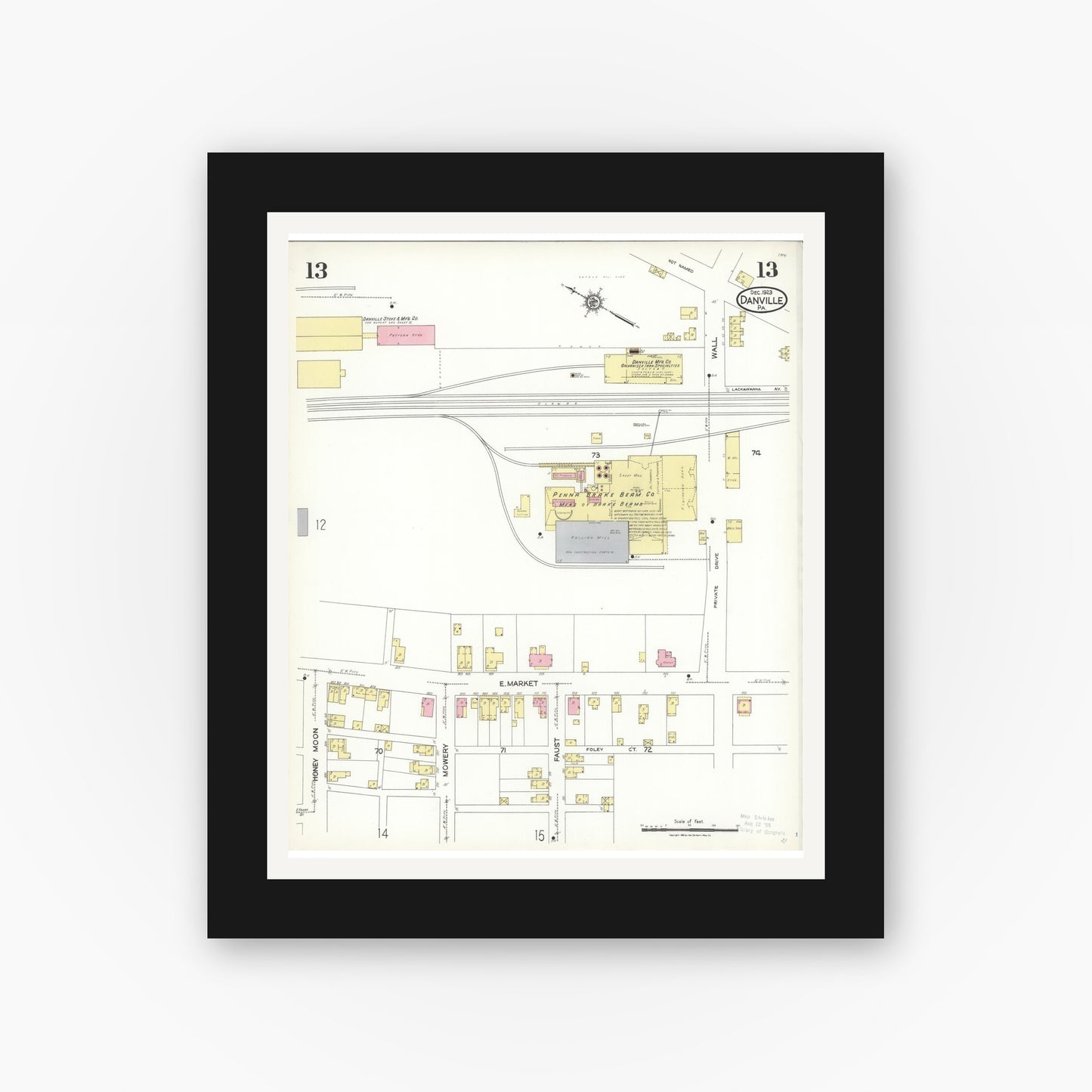 Old map wall art mockup — black gallery frame with white mat — Sanborn Fire Insurance Map from Danville, Montour County, Pennsylvania (1923), Sheet #0013
