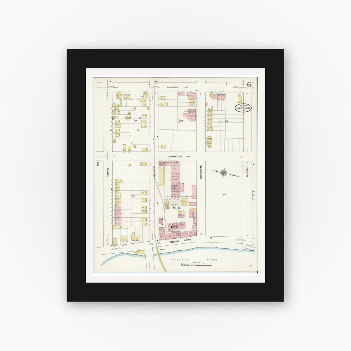 Old map wall art mockup — black gallery frame with white mat — Sanborn Fire Insurance Map from Garfield, Bergen County, New Jersey (1910), Sheet #0006