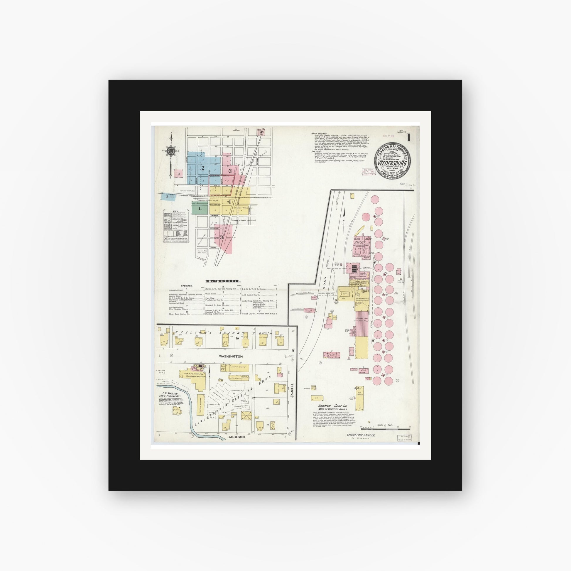 Old map wall art mockup — black gallery frame with white mat — Sanborn Fire Insurance Map from Veedersburg, Fountain County, Indiana (1910) - Complete Map Set