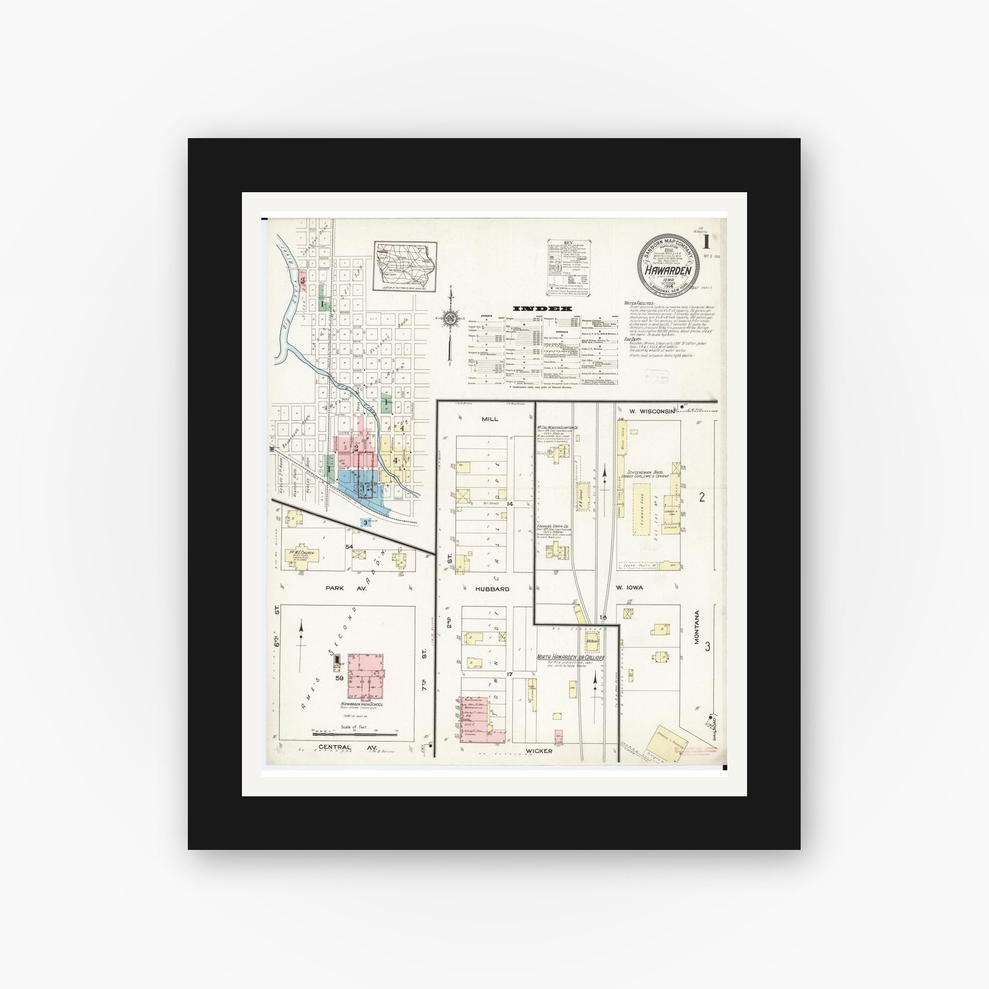 Old map wall art mockup — black gallery frame with white mat — Sanborn Fire Insurance Map from Hawarden, Sioux County, Iowa (1914) â€” Complete Set