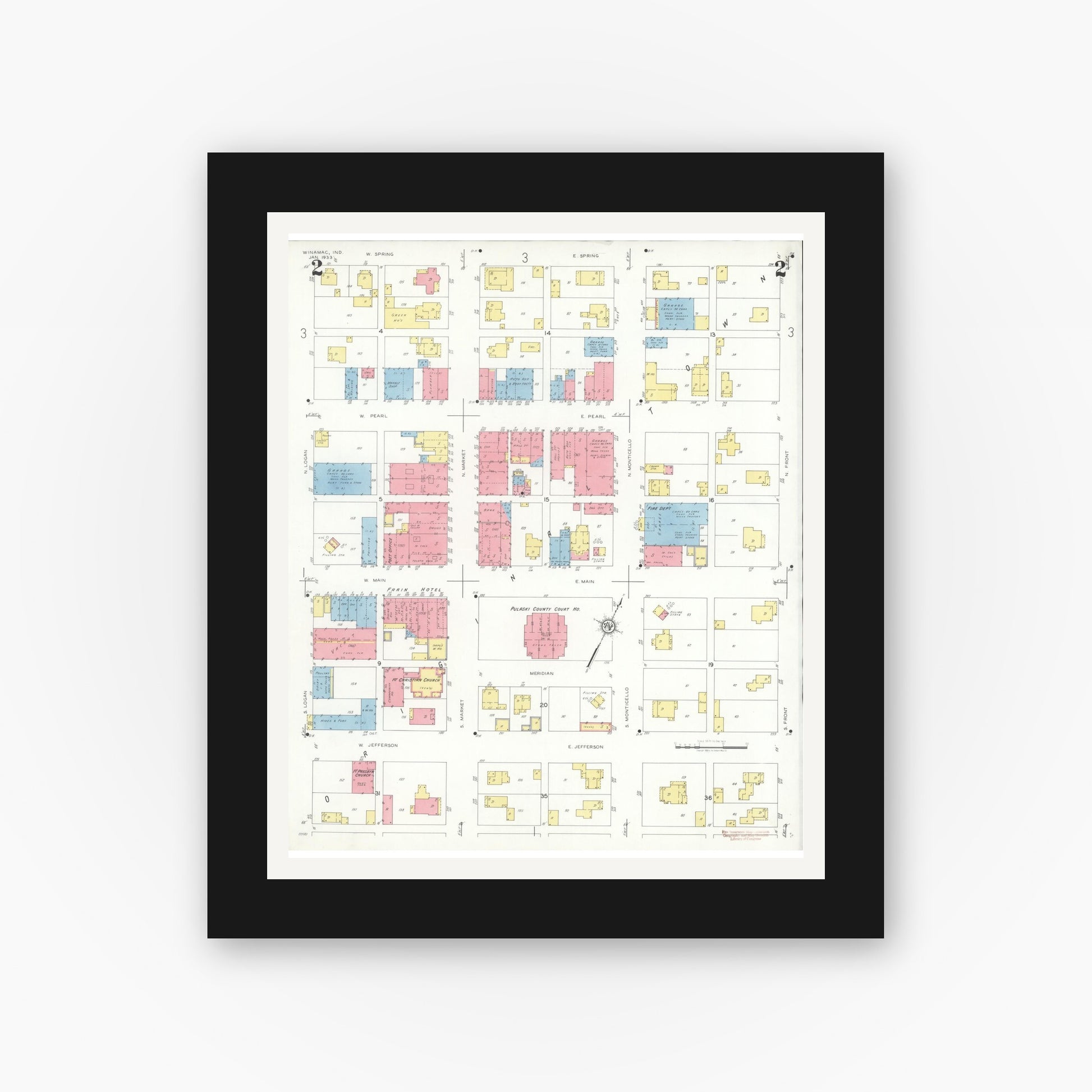 Old map wall art mockup — black gallery frame with white mat — Sanborn Fire Insurance Map from Winamac, Pulaski County, Indiana (1933), Sheet #0002
